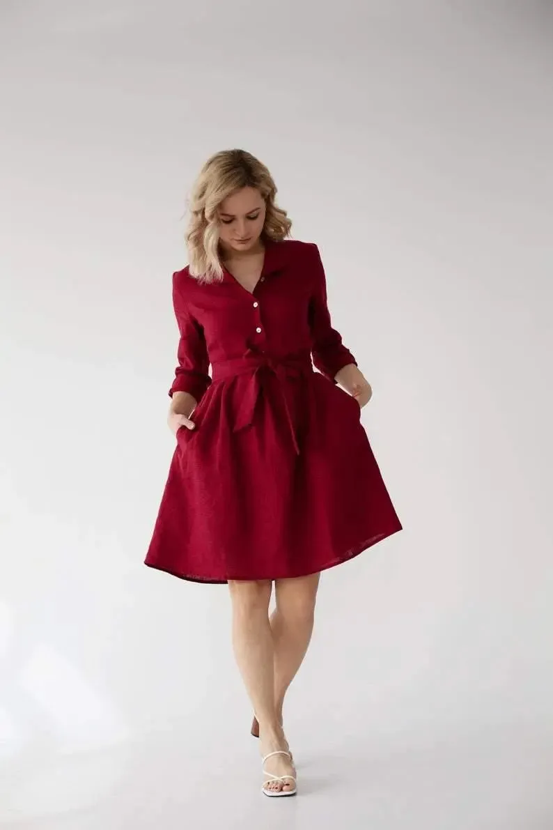 Lily Linen Dress In Burgundy