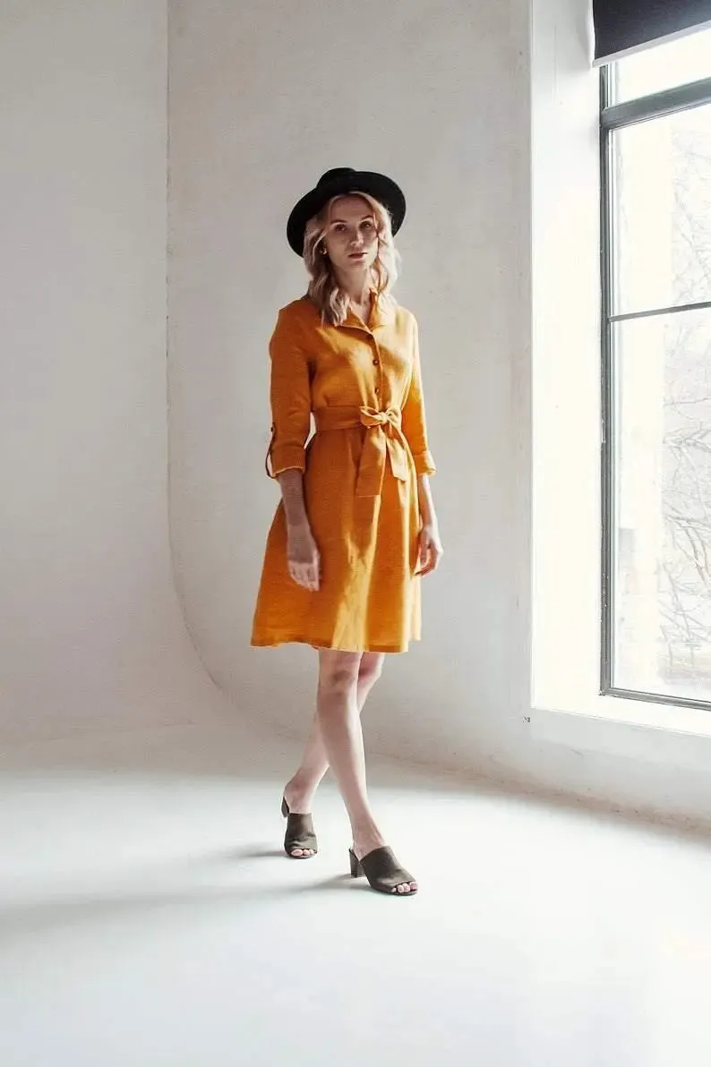 Lily Linen Dress In Mustard