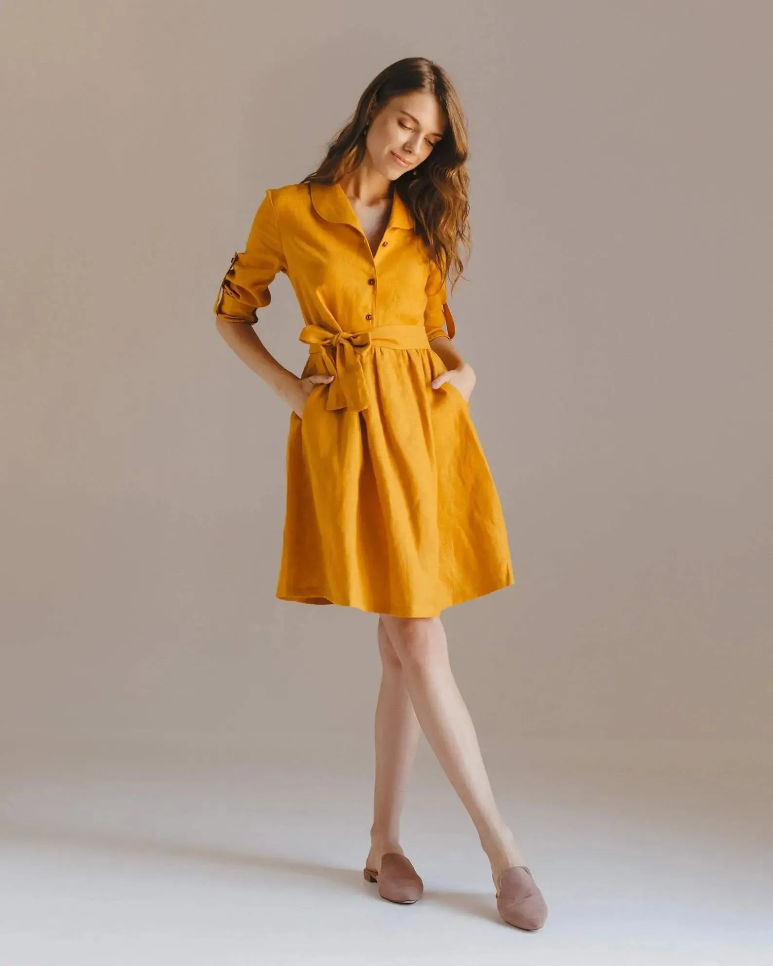 Lily Linen Dress In Mustard