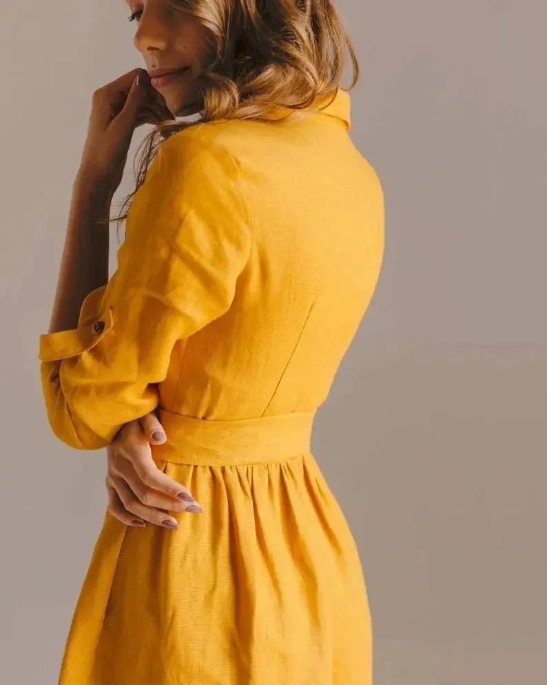 Lily Linen Dress In Mustard