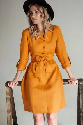 Lily Linen Dress In Mustard