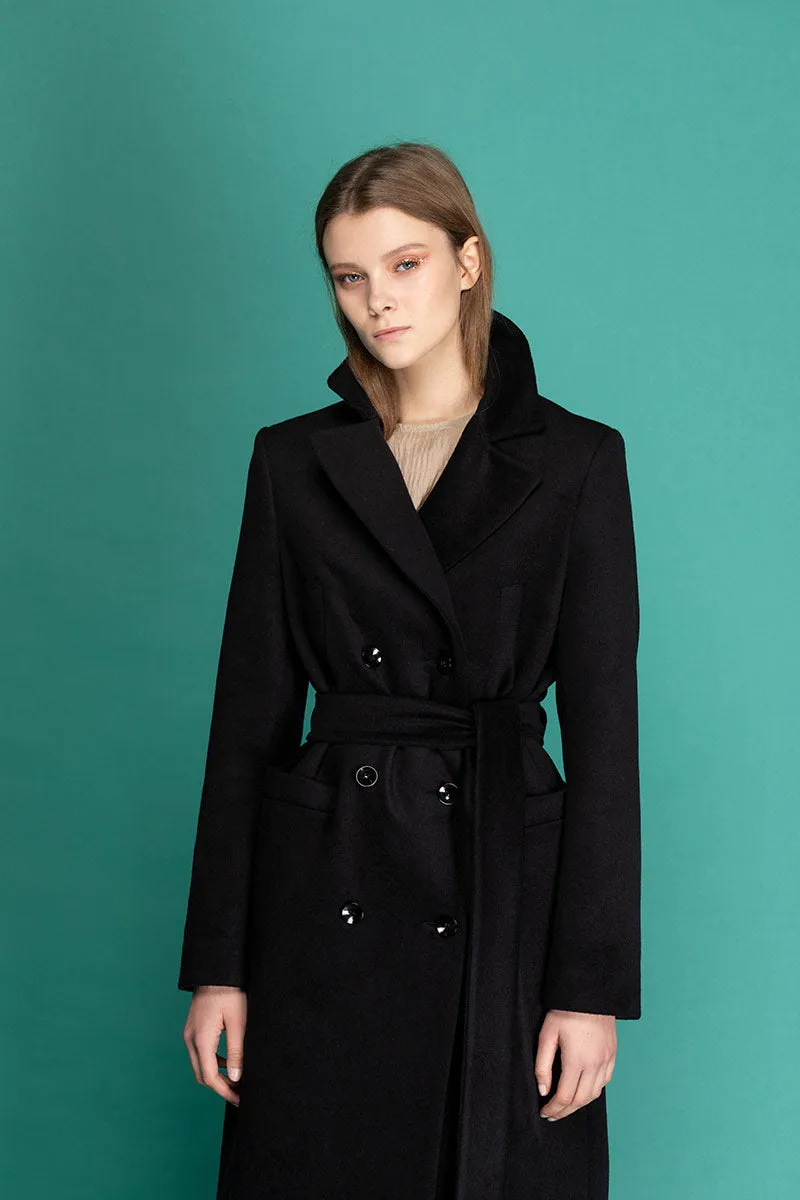 MAGIE Wool Double Breasted Belted Coat - Black