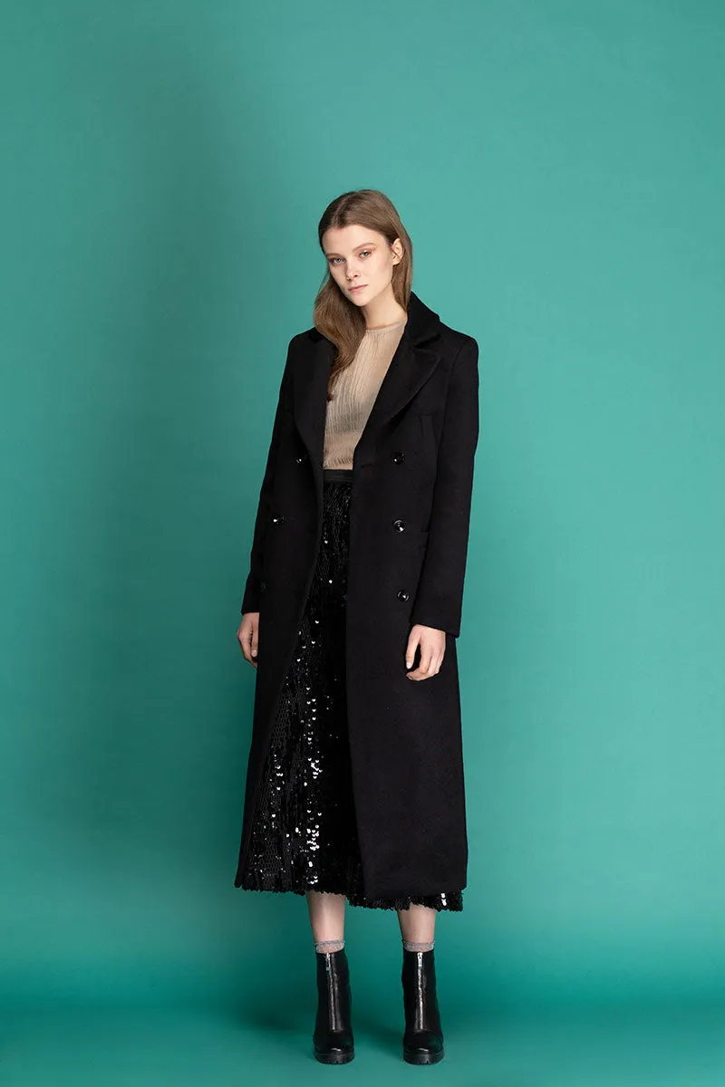 MAGIE Wool Double Breasted Belted Coat - Black