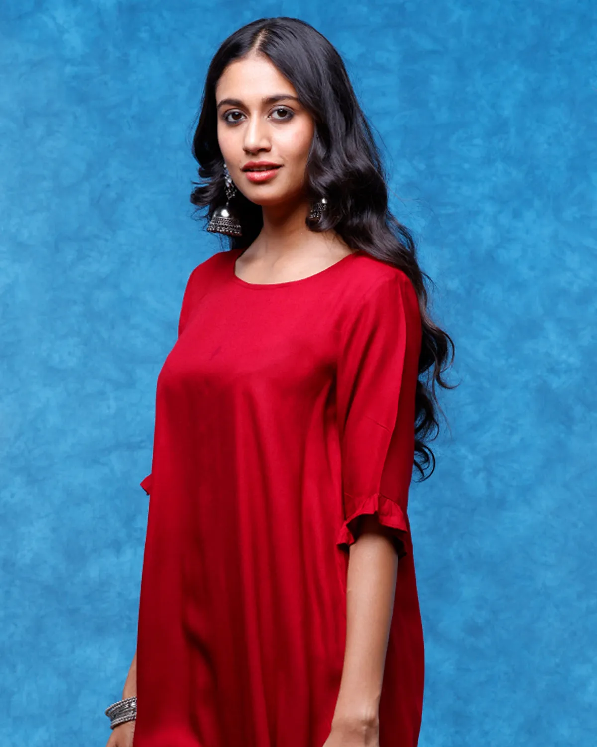 Maroon Aline Frilled Kurta With Pants For Women