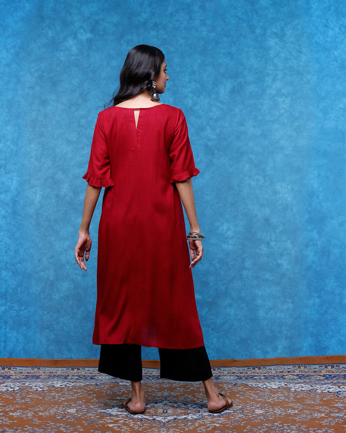 Maroon Aline Frilled Kurta With Pants For Women