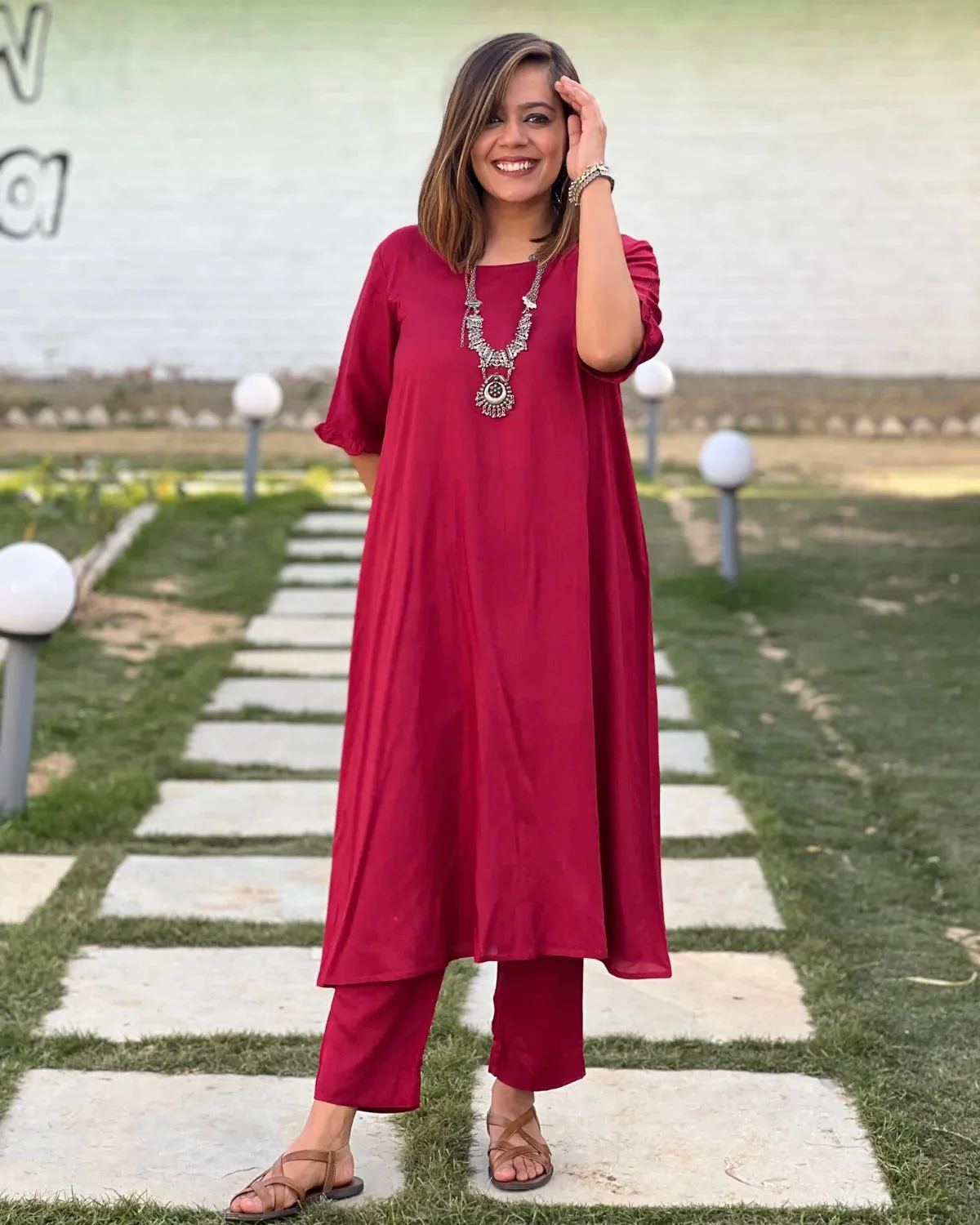 Maroon Aline Frilled Kurta With Pants For Women