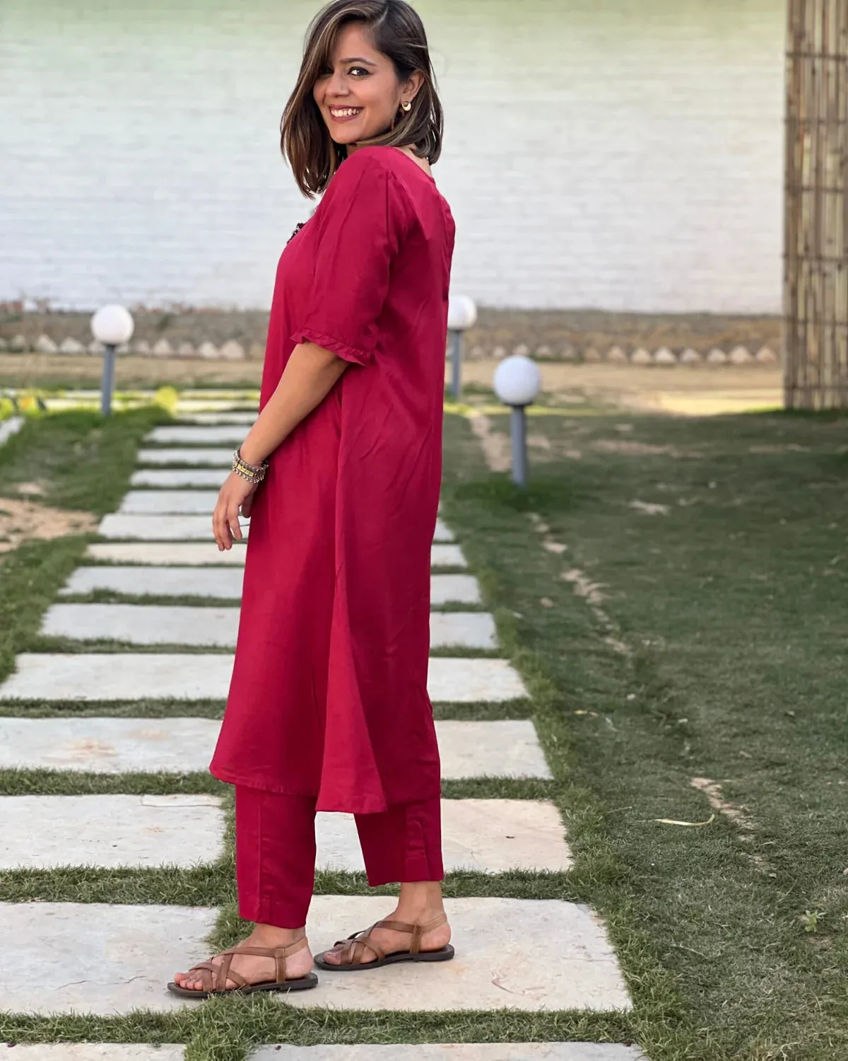 Maroon Aline Frilled Kurta With Pants For Women