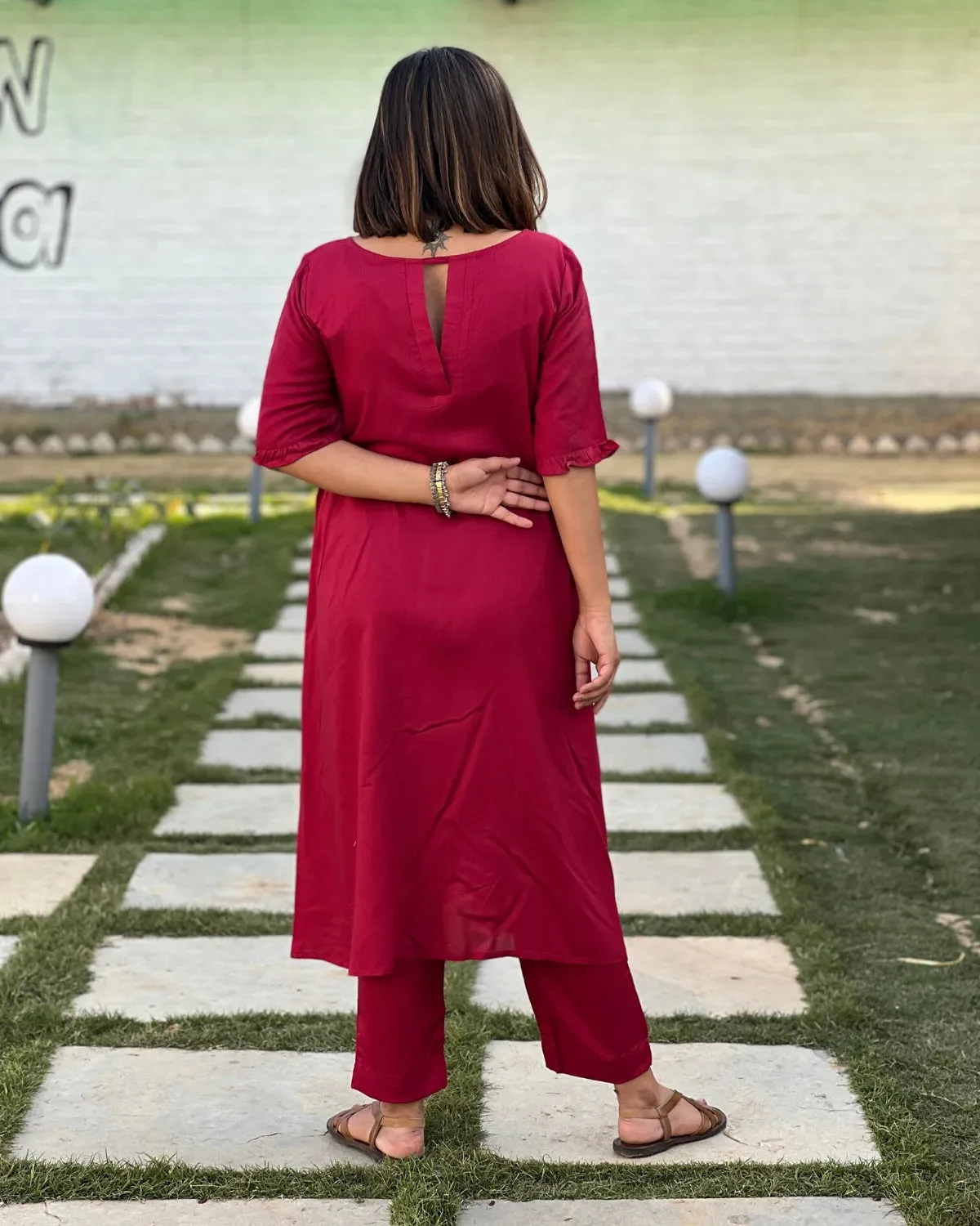 Maroon Aline Frilled Kurta With Pants For Women