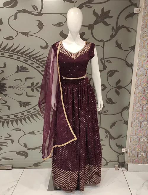 Maroon Georgette Crop Top with Stone and Dabka Work