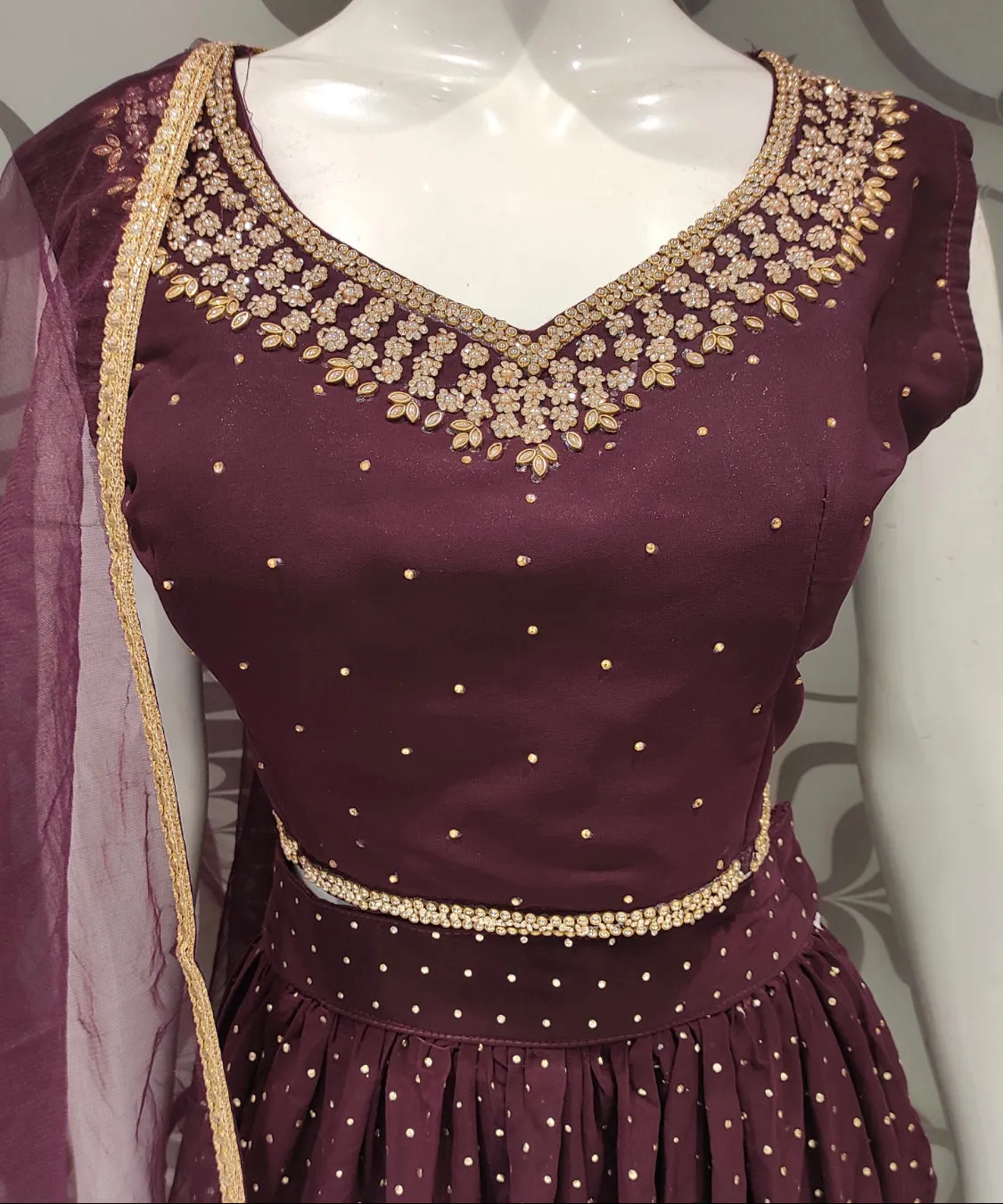 Maroon Georgette Crop Top with Stone and Dabka Work