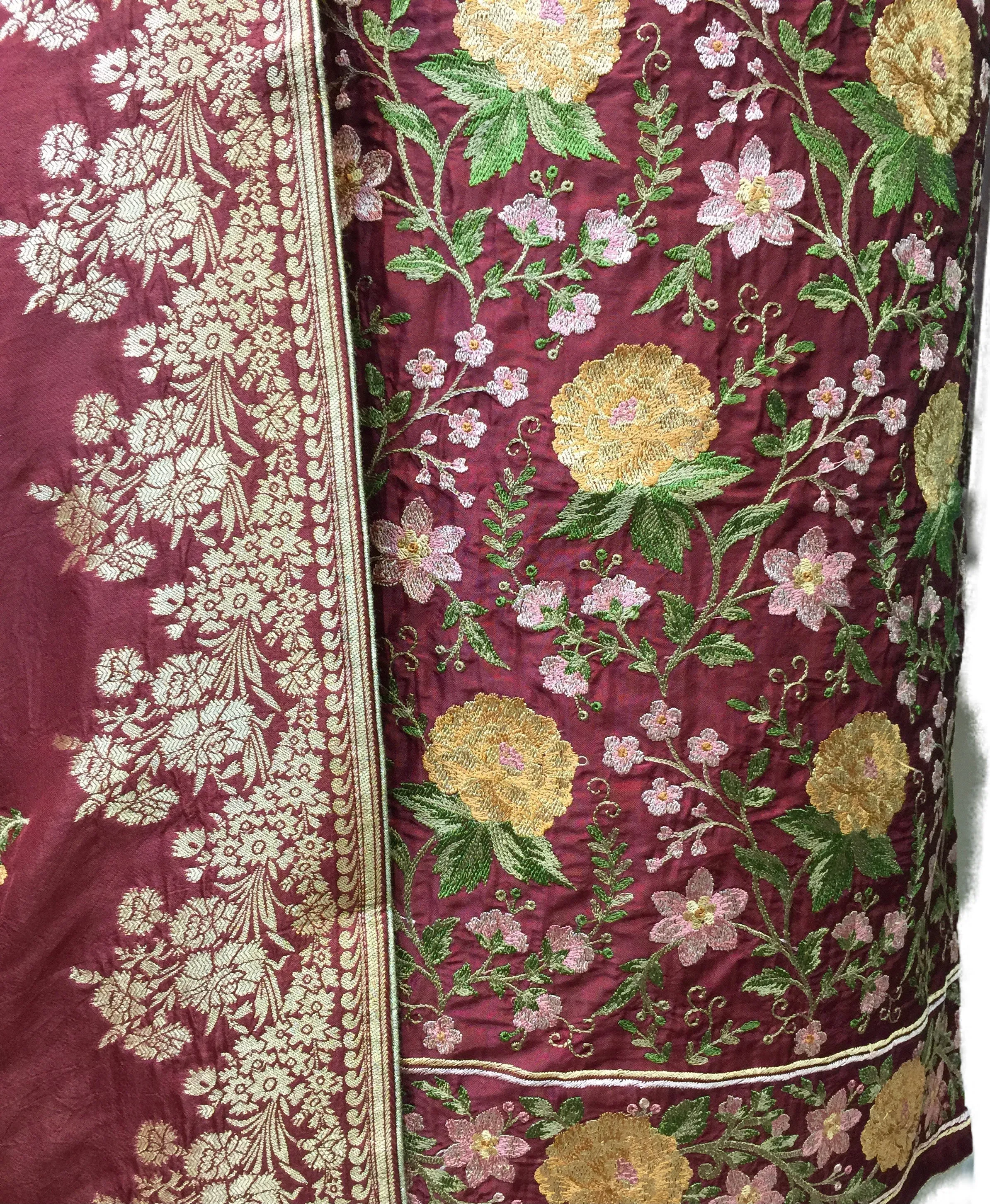 Maroon Opara Silk Unstitched Suit with Parsi Embroidery