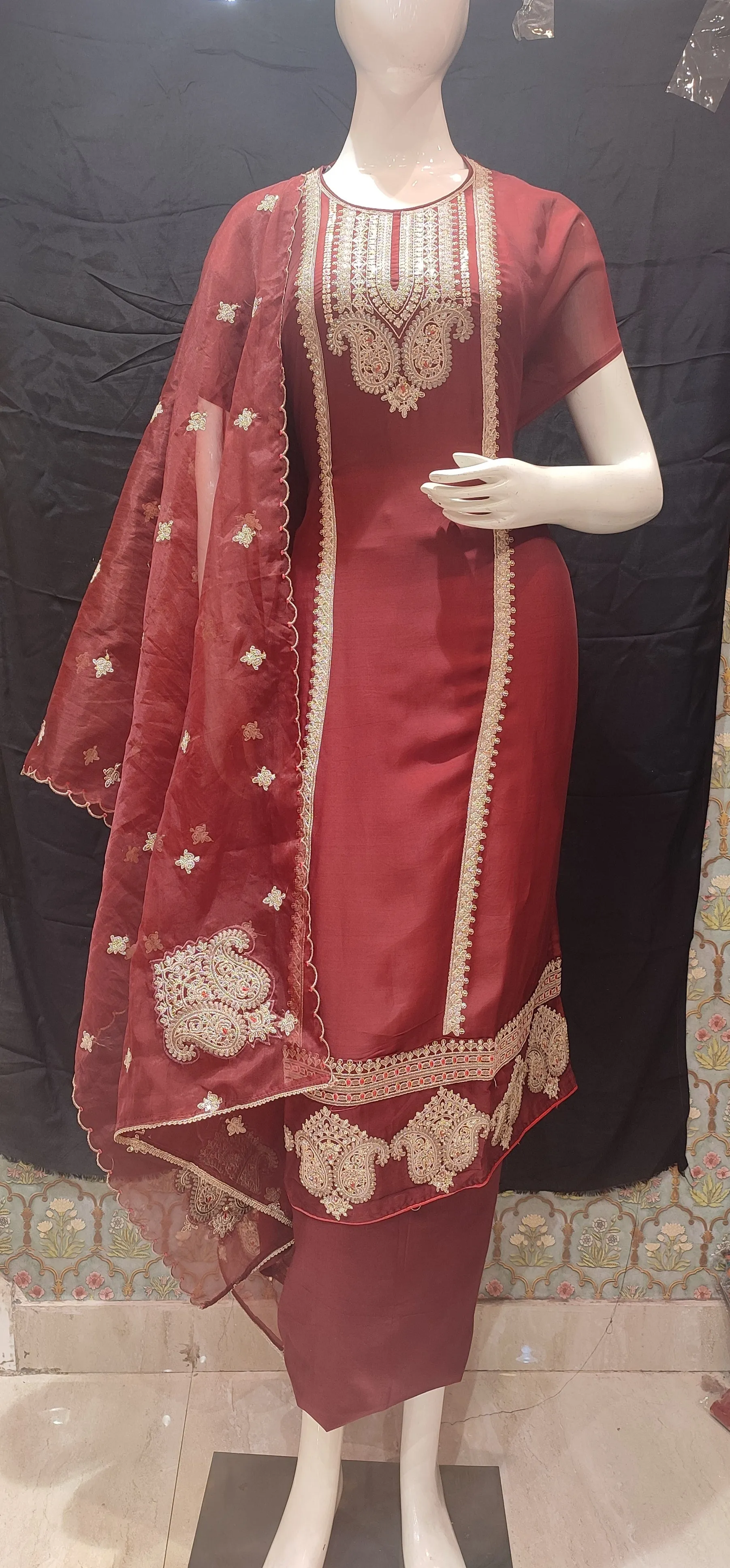 Maroon Organza Semi-Stitch Suit With Thread Embroidery