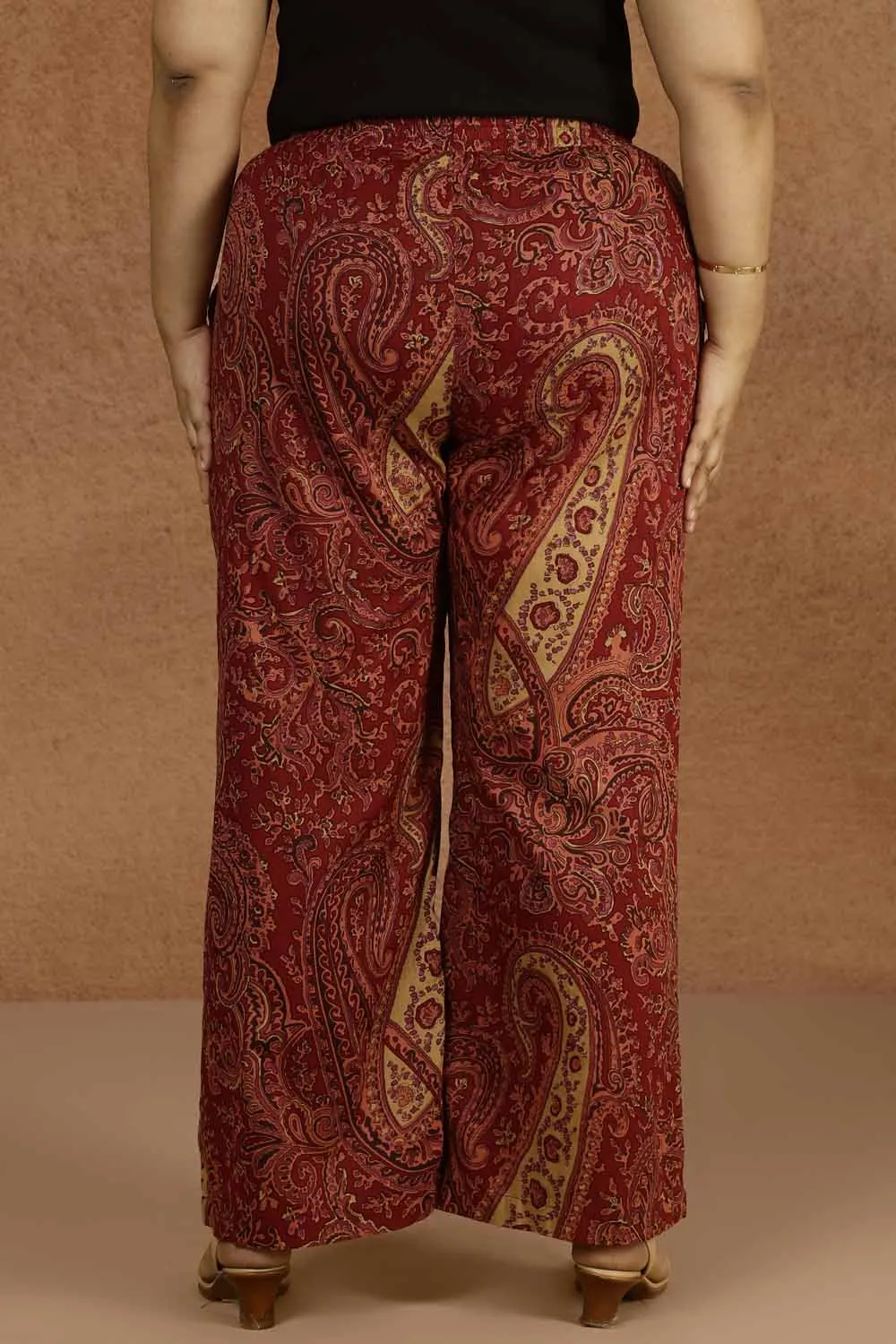 Maroon Paisley Print Cotton Plus Size Pant