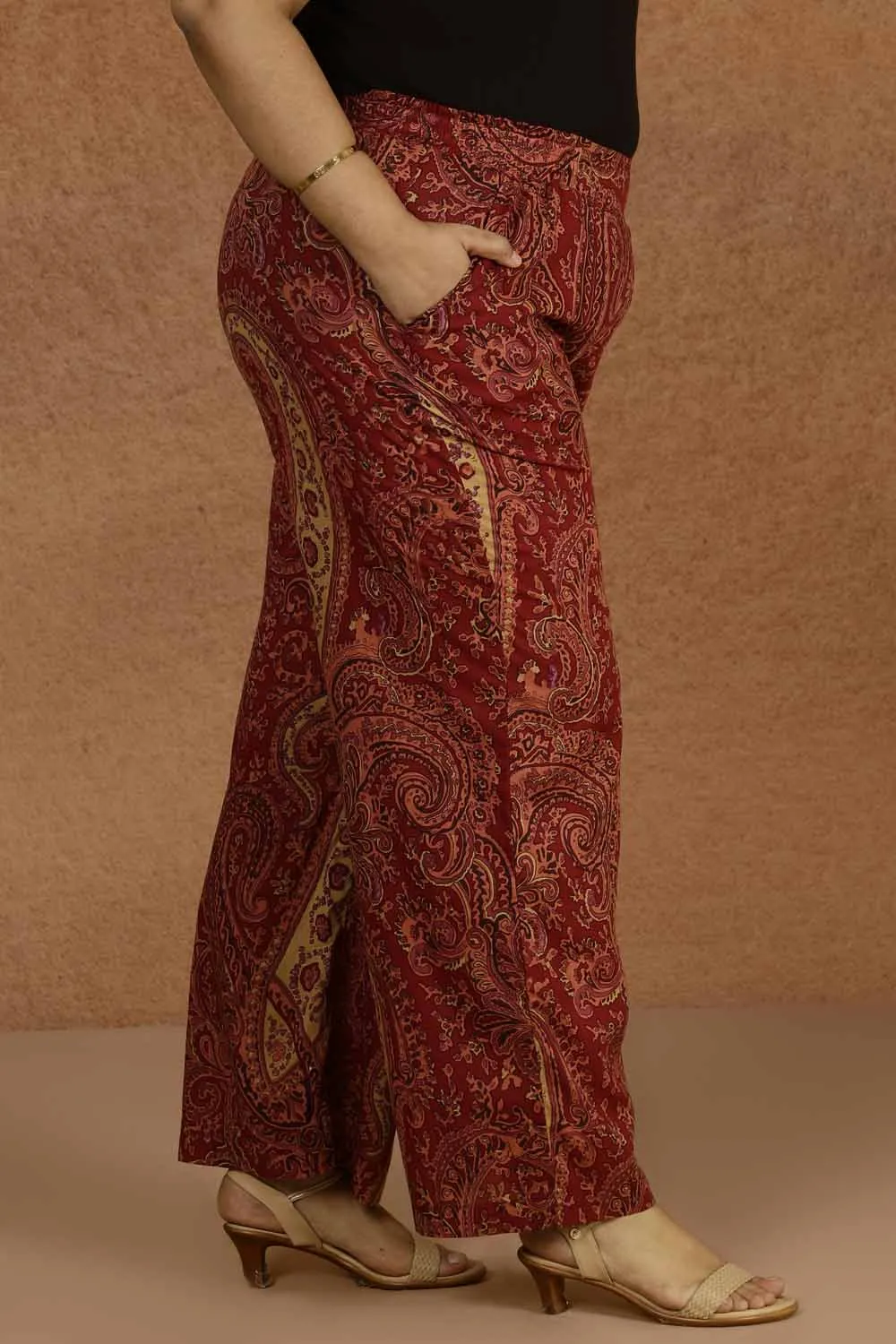 Maroon Paisley Print Cotton Plus Size Pant