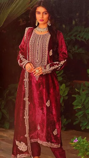 Maroon Velvet Unstitched Suit with Golden Zari Embroidery