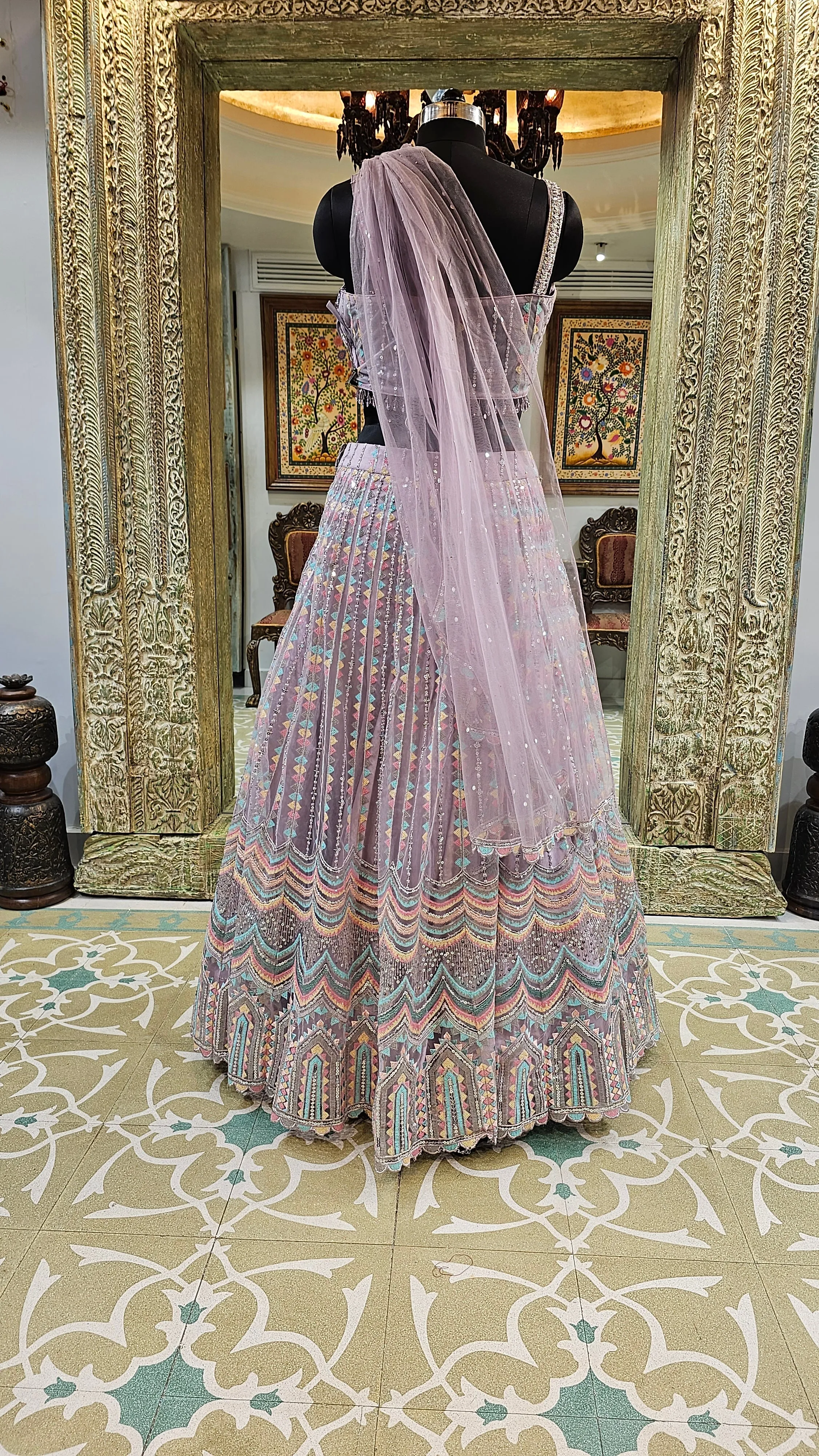 Mauve Net Lehenga Choli with Sequins And Thread Work