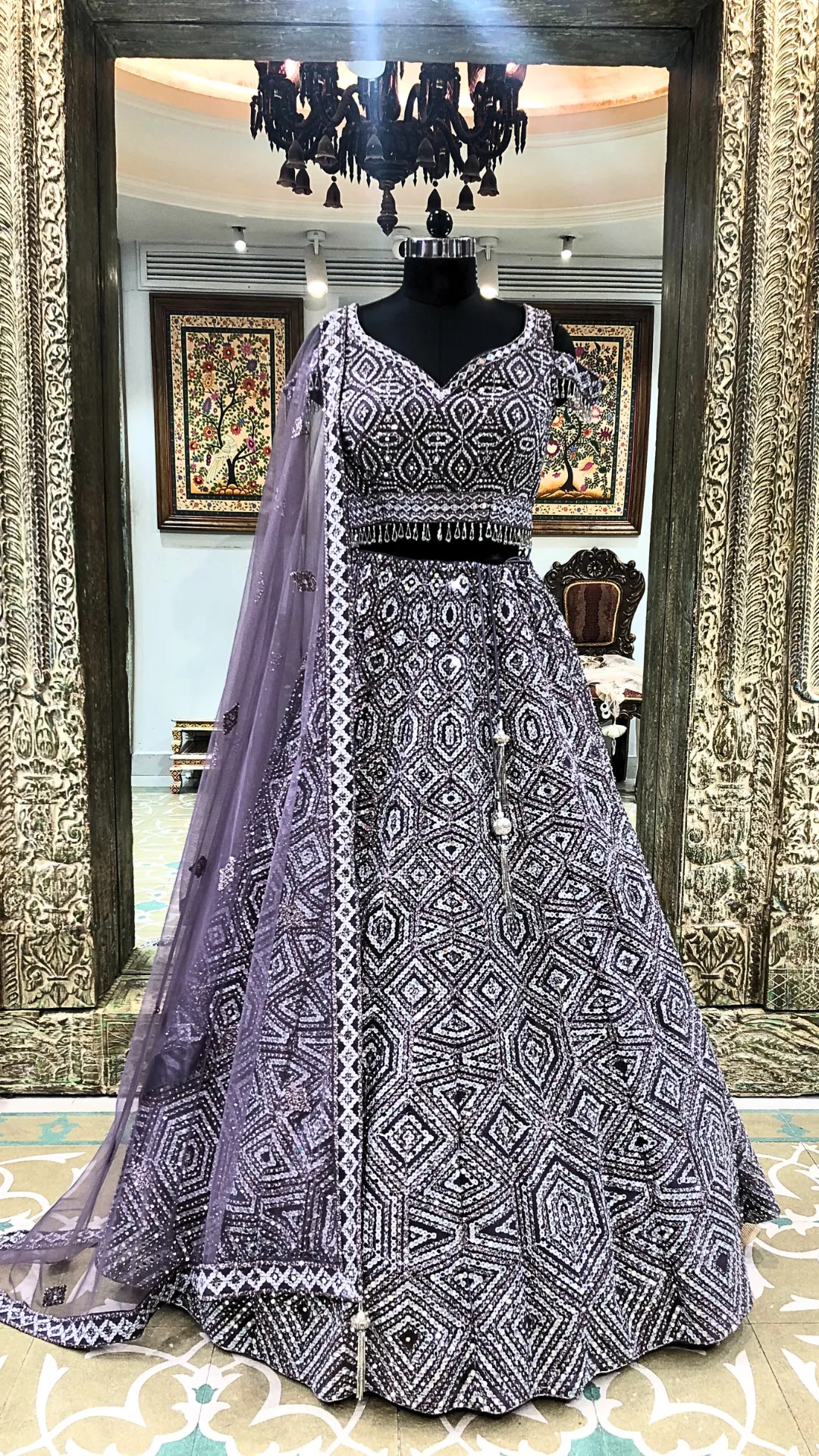 Mauve Net Lehenga With Mirror