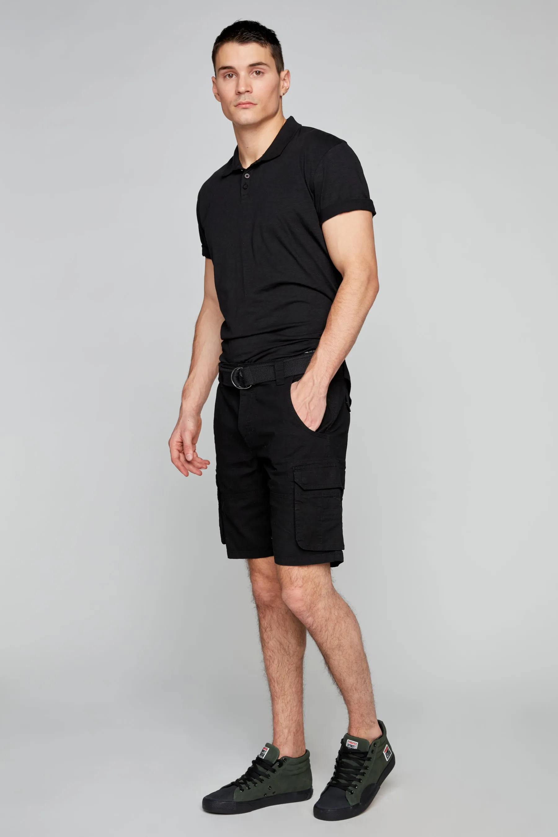 Mens Belted Cargo Ripstop Shorts - Black