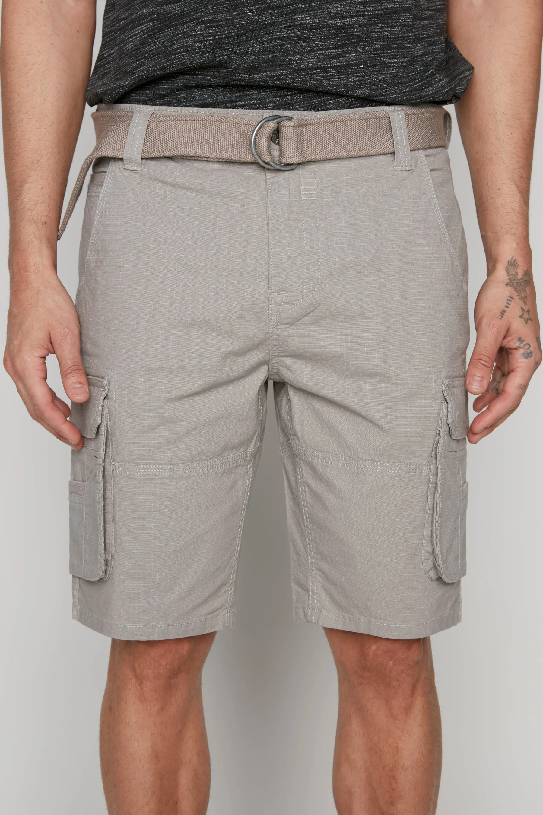 Mens Belted Cargo Ripstop Shorts - Light Grey