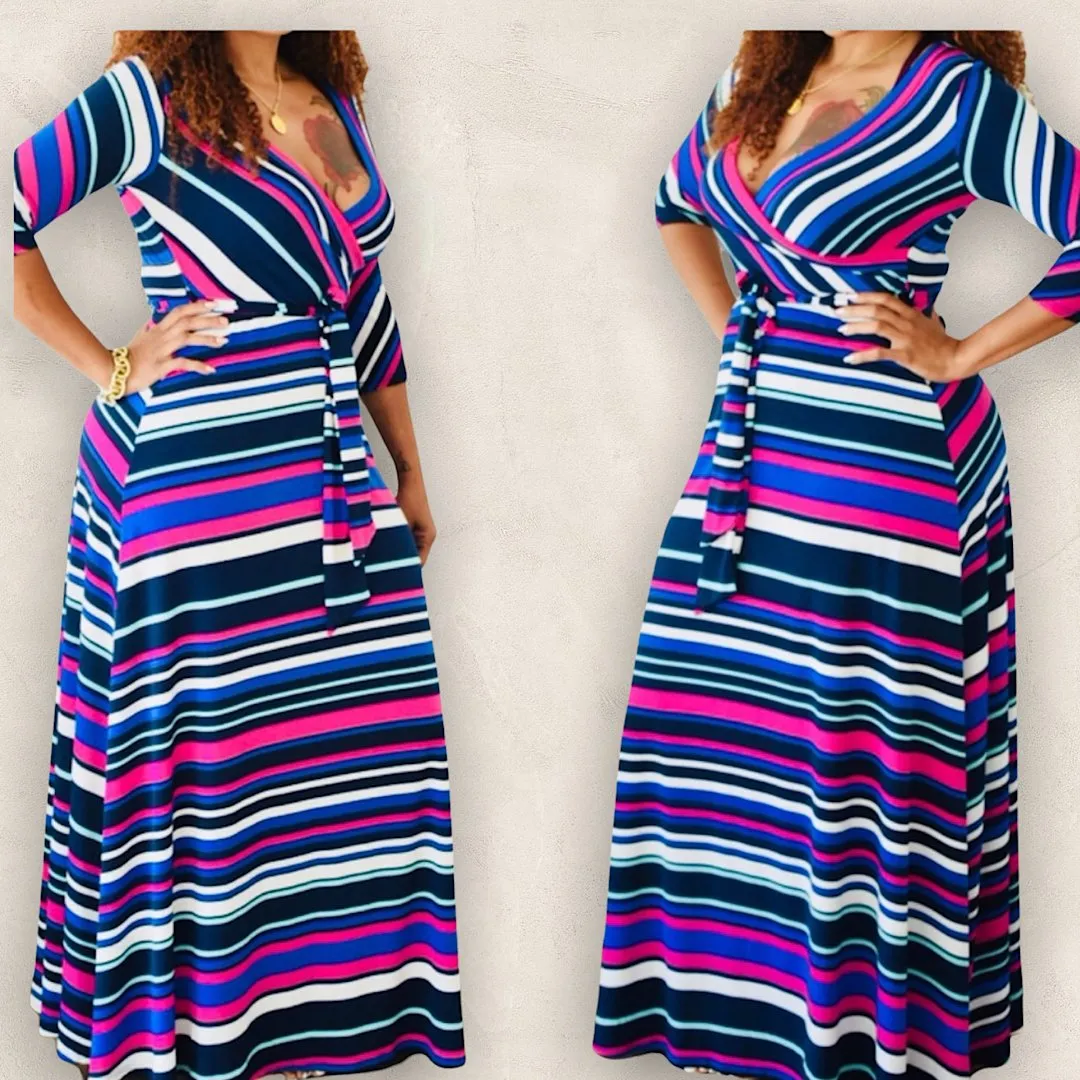 New Vibrant Striped Belted Faux Wrap Maxi Dress