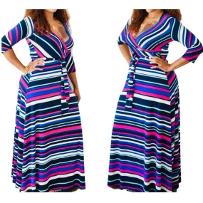 New Vibrant Striped Belted Faux Wrap Maxi Dress