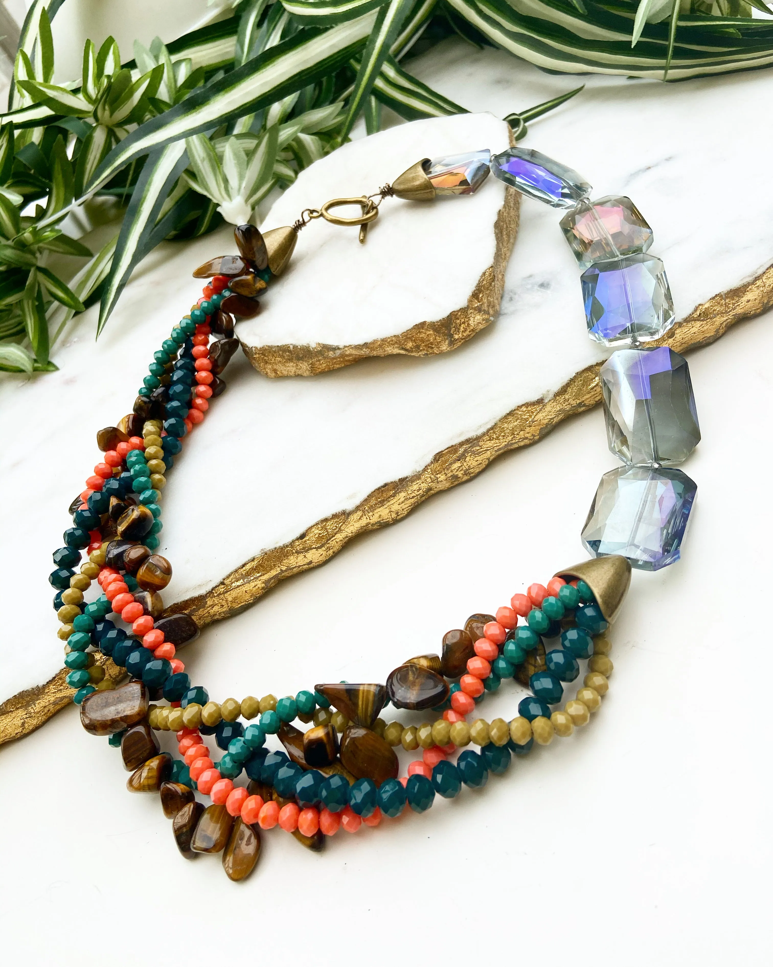 Orange, teal and tigereye mingle necklace