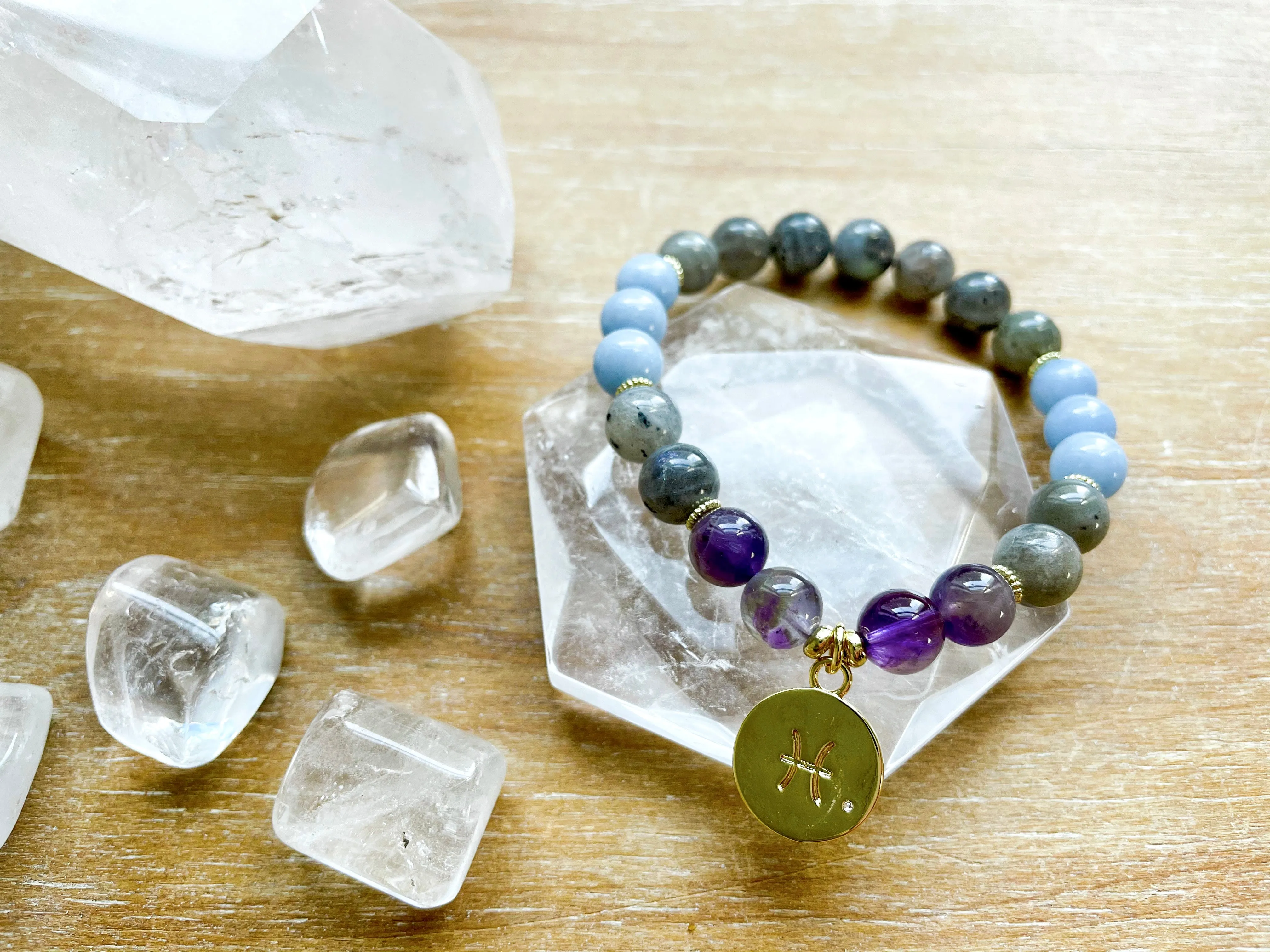 PISCES GOLD EDITION Amethyst, Labradorite, Angelite Beaded Bracelet || Reiki Infused