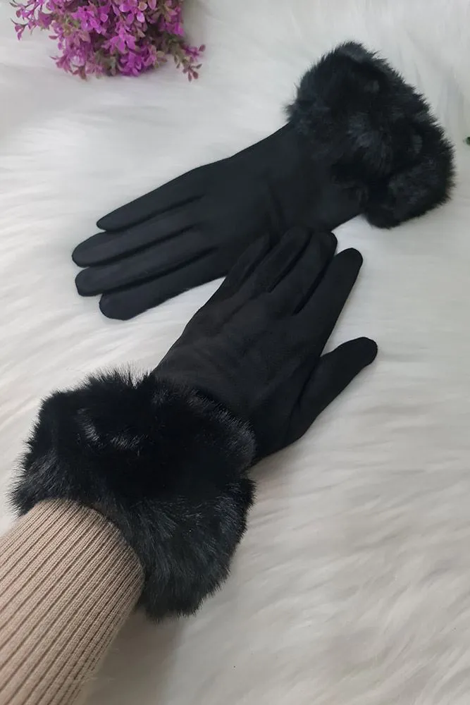 Plain Faux Fur Hem Soft Feel Gloves