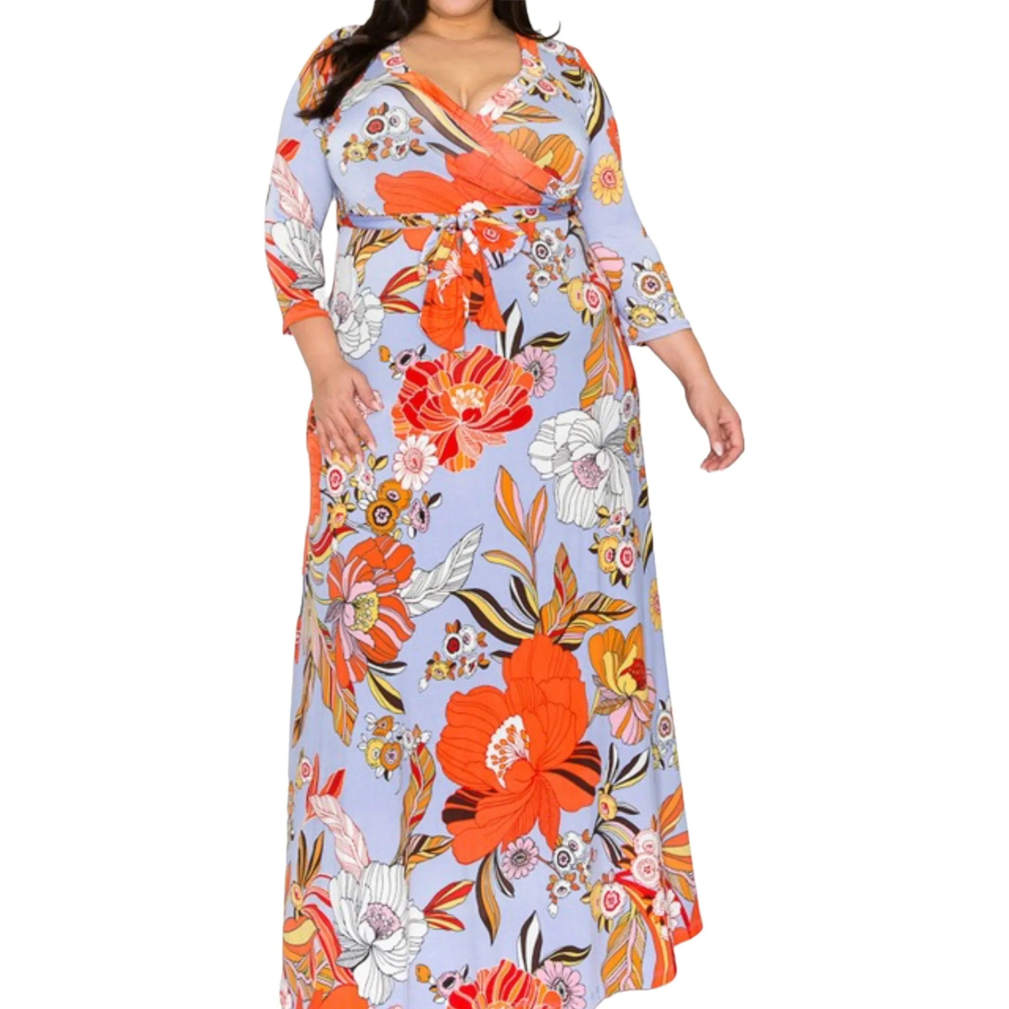 Plus Size Vibrant Floral Faux Wrap Maxi Dress