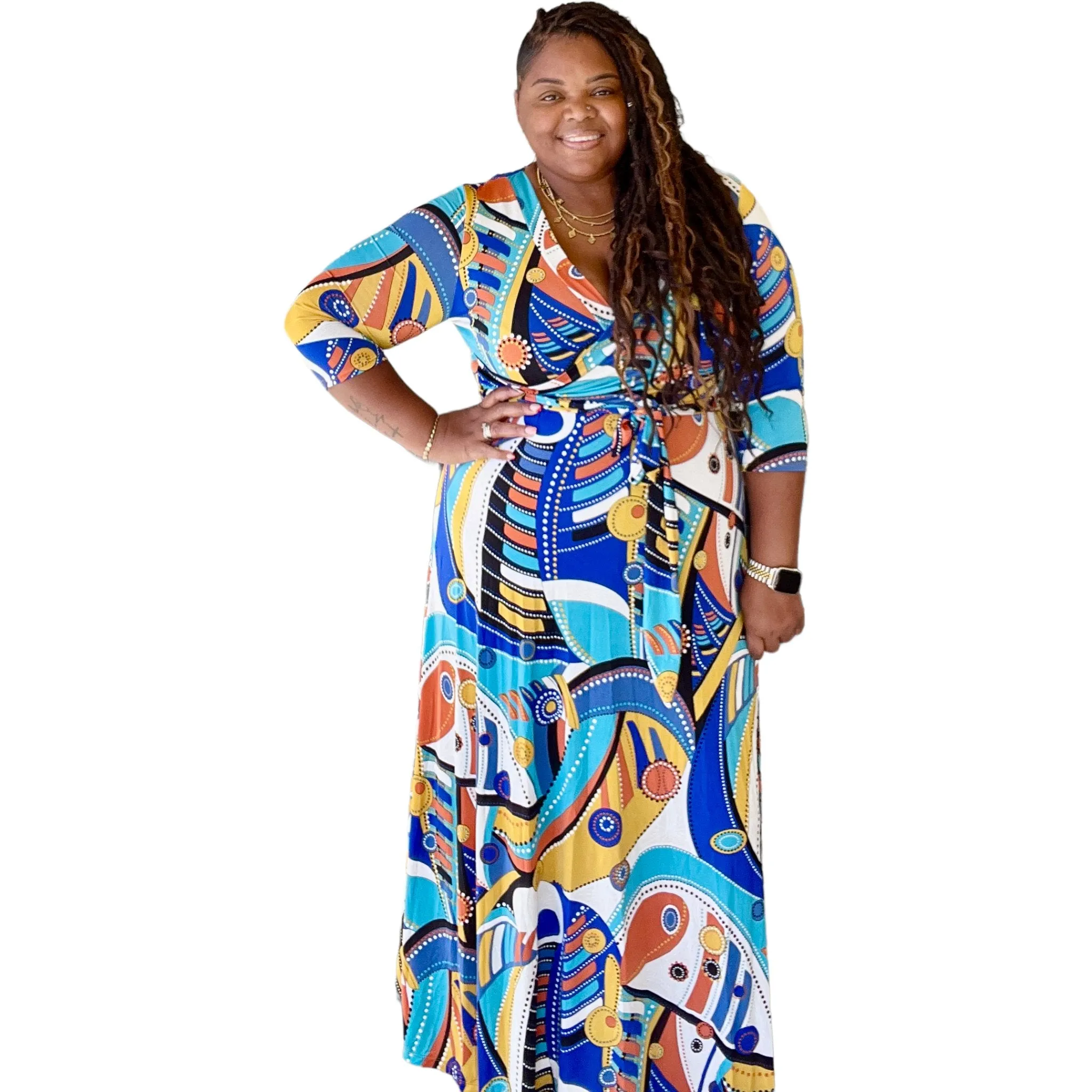 Plus Size Vibrant Geometric Faux Wrap Maxi Dress