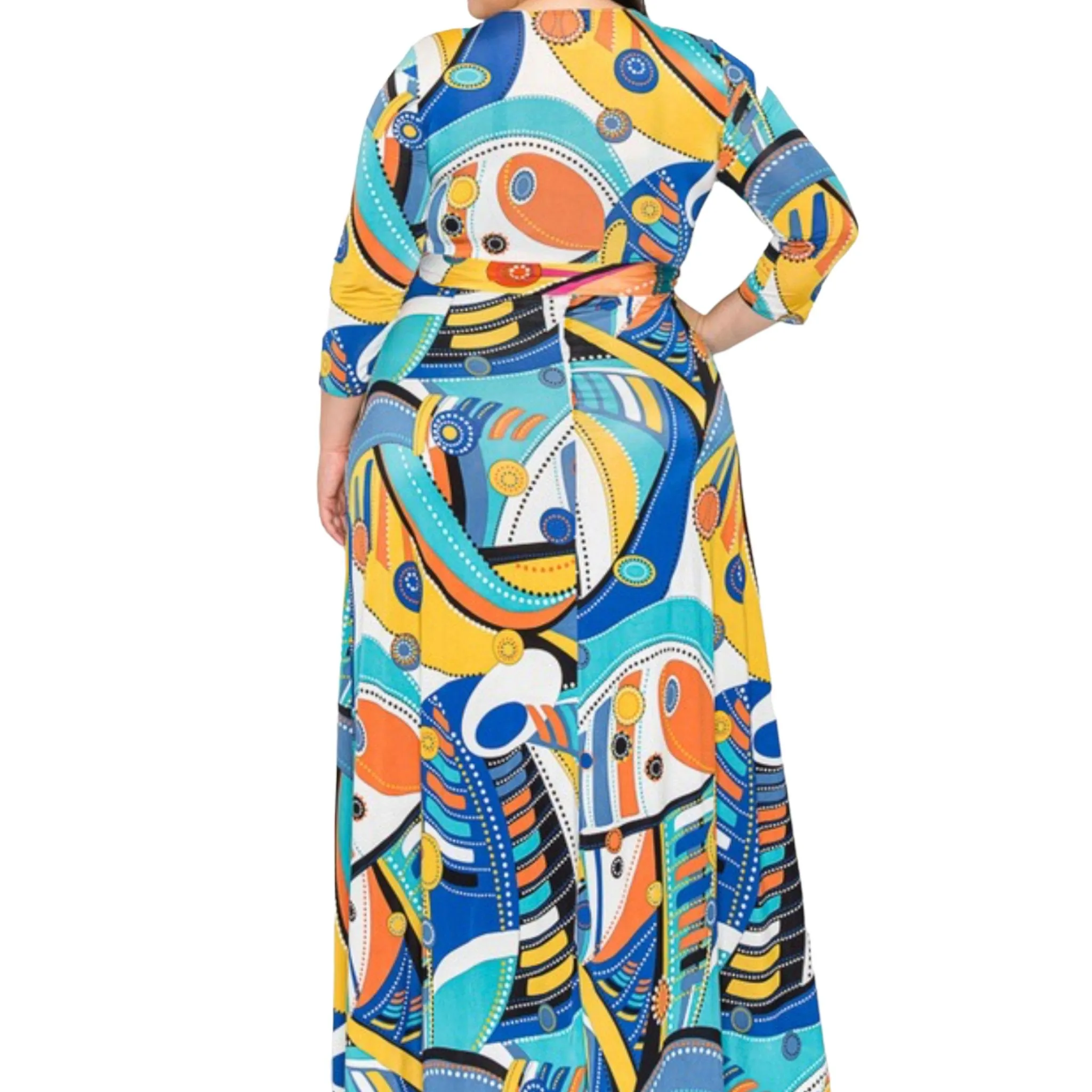 Plus Size Vibrant Geometric Faux Wrap Maxi Dress