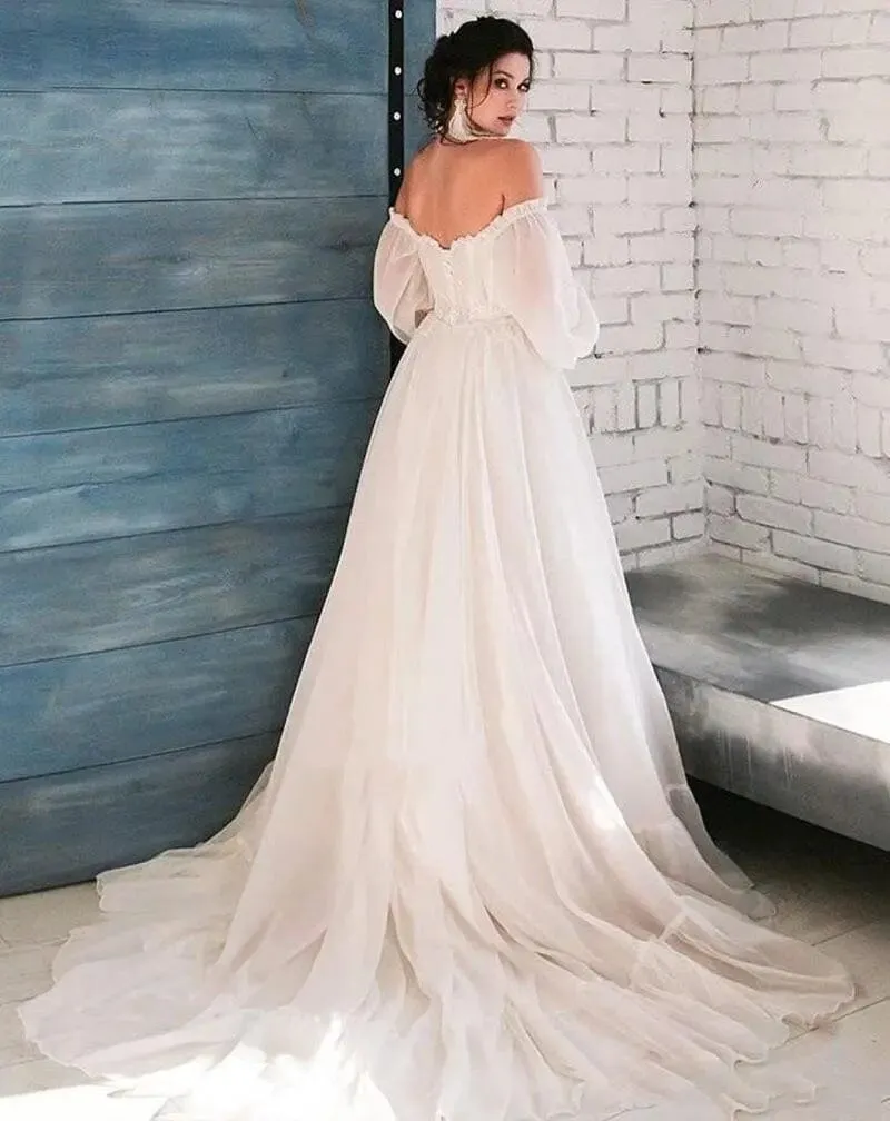 Puff Sleeves Chiffon Lace Wedding Dress