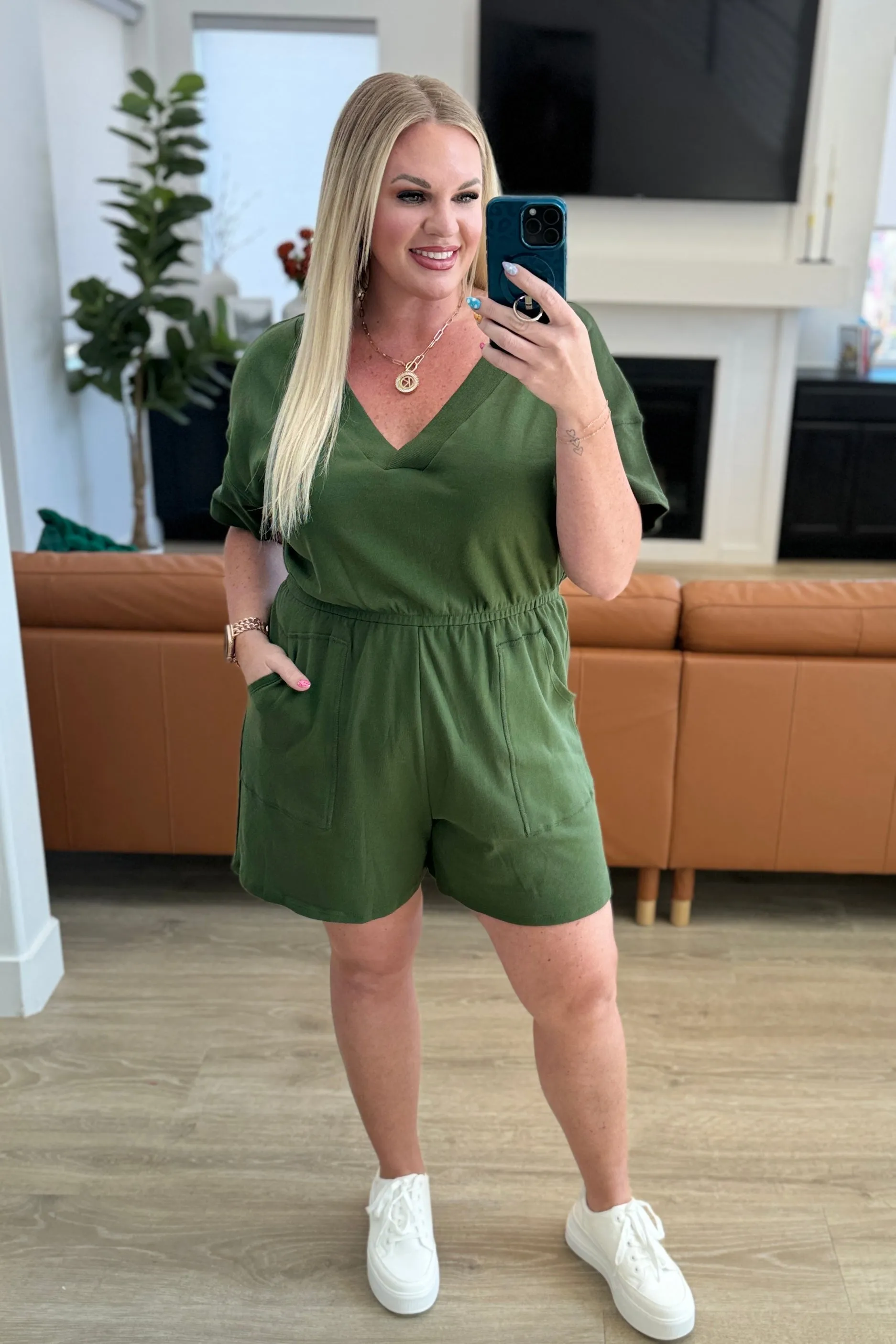 Short Sleeve V-Neck Romper in Army Green - 4/17