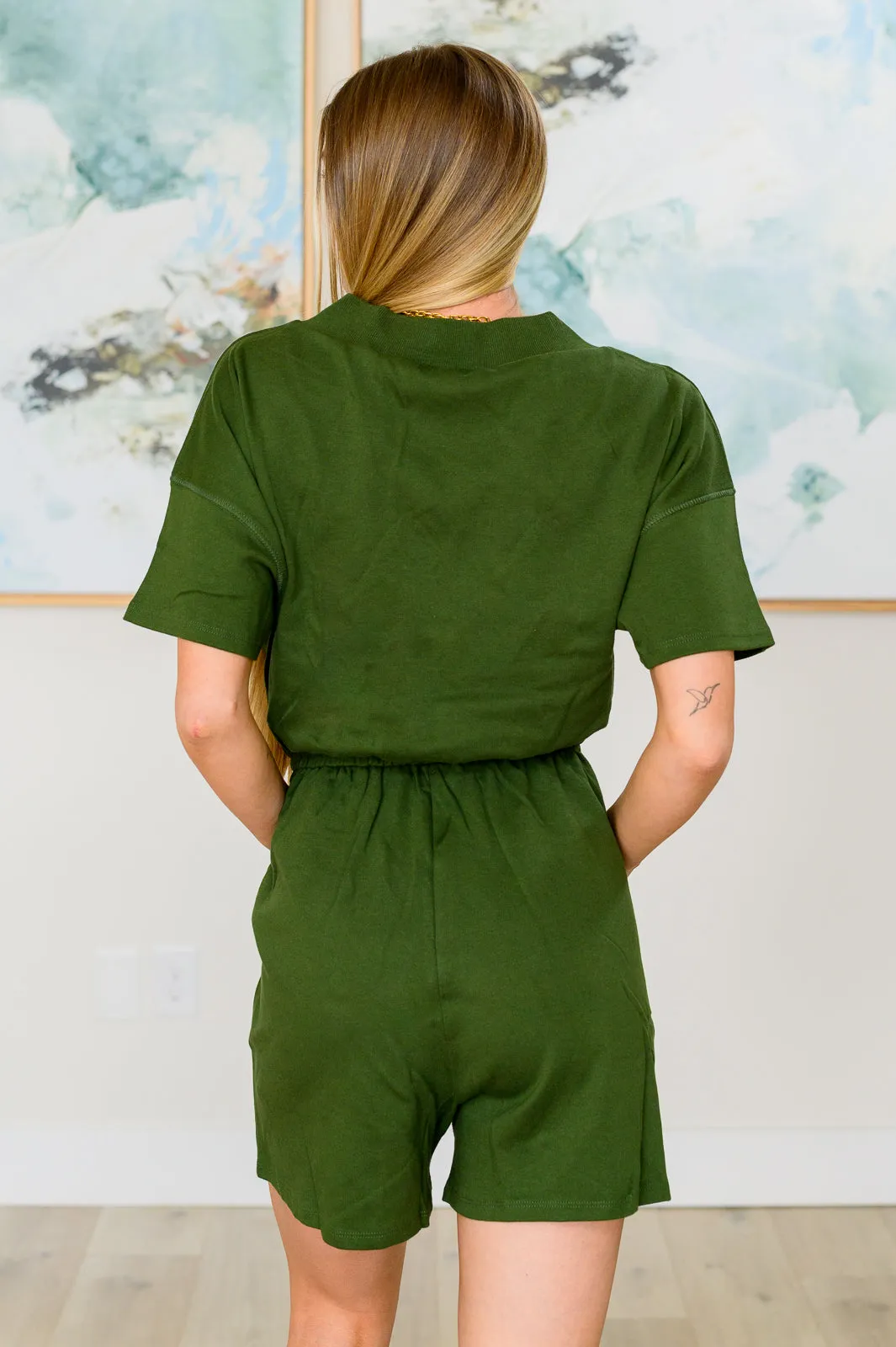 Short Sleeve V-Neck Romper in Army Green - 4/17