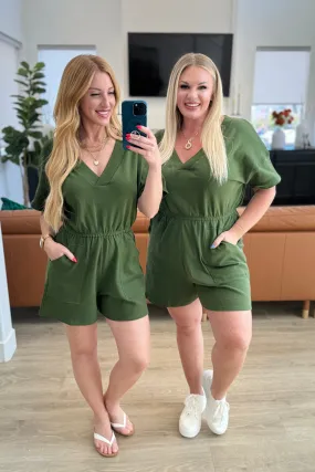 Short Sleeve V-Neck Romper in Army Green - 4/17