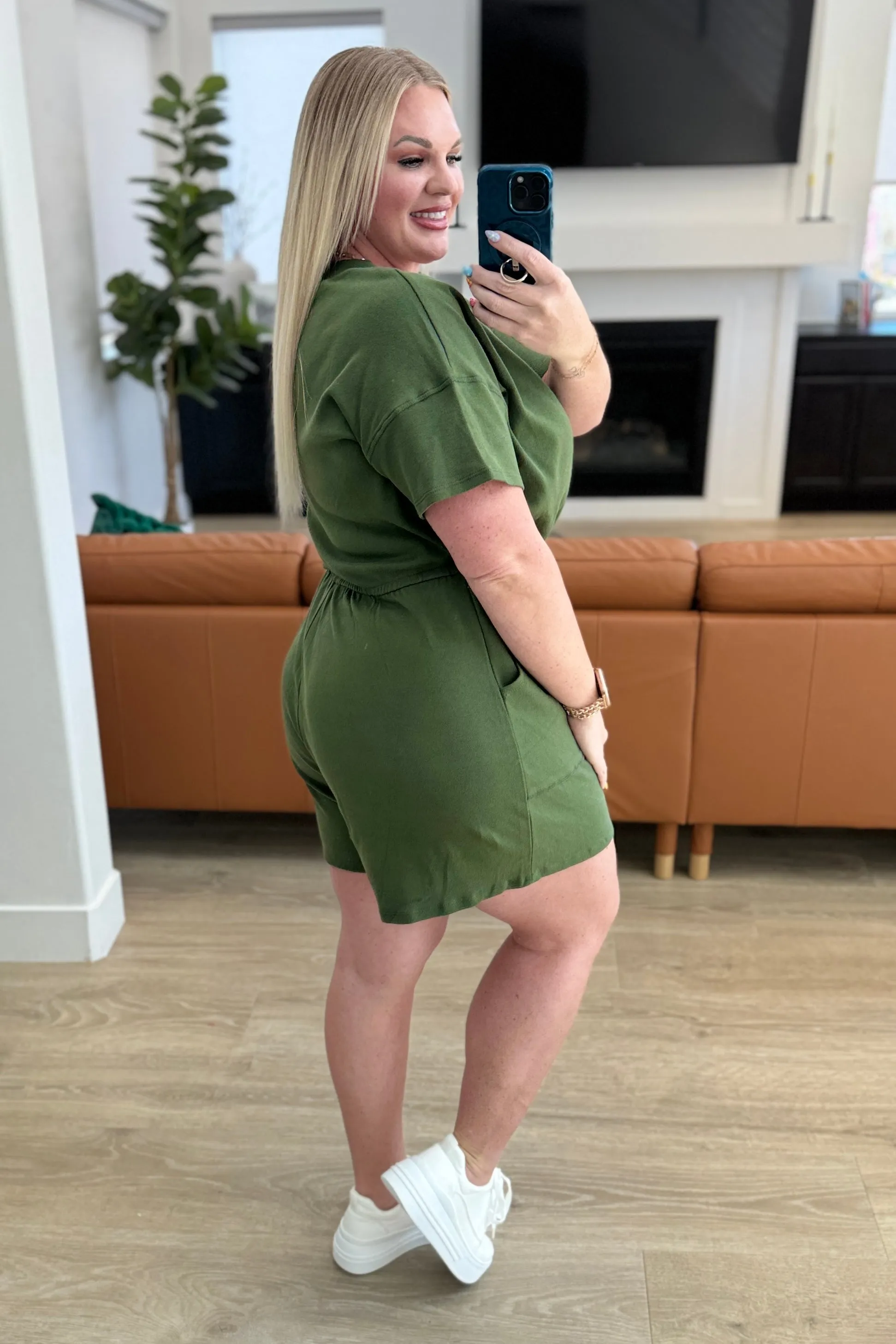 Short Sleeve V-Neck Romper in Army Green - 4/17