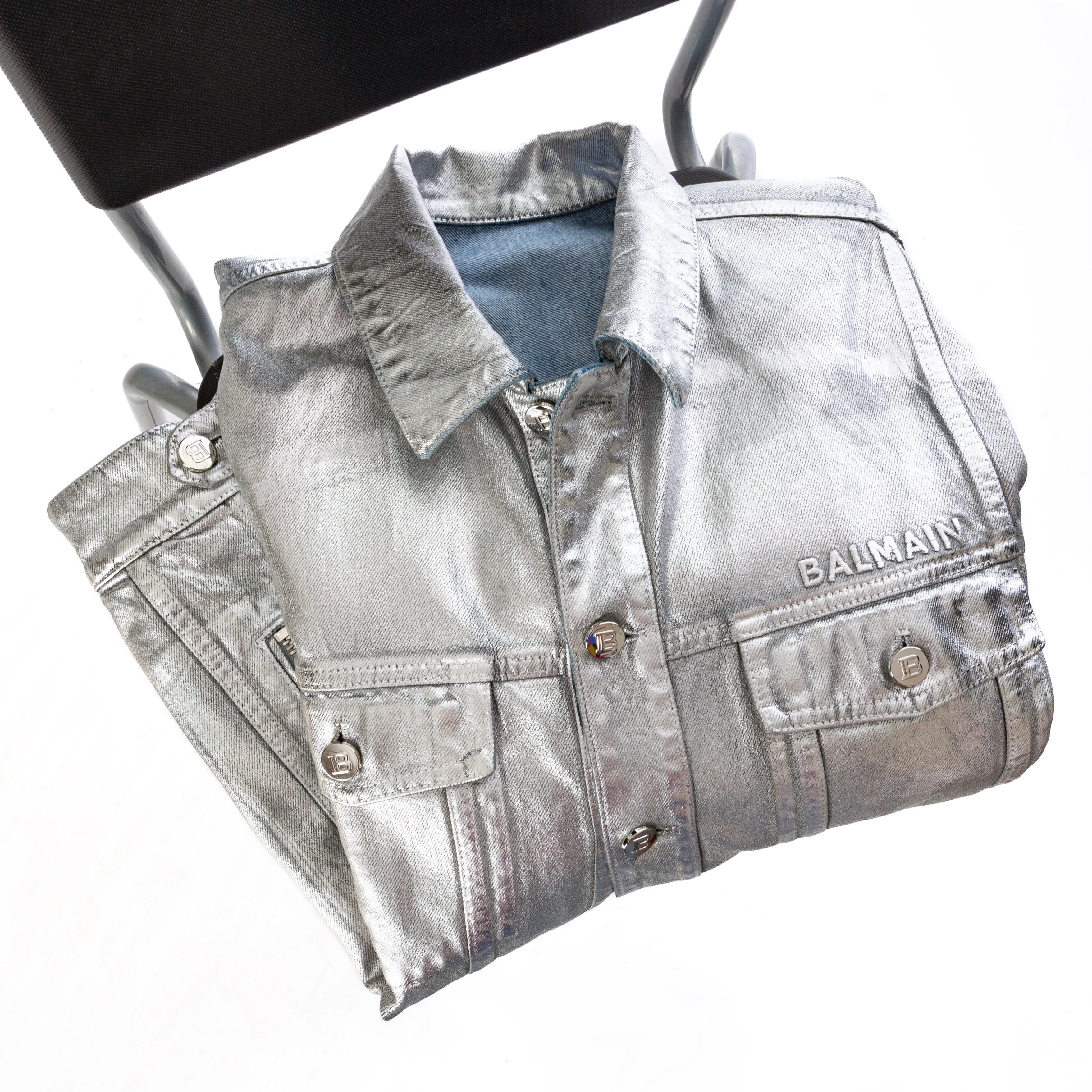 Silver-tone Metallic Finish Logo-Embossed Denim Jacket