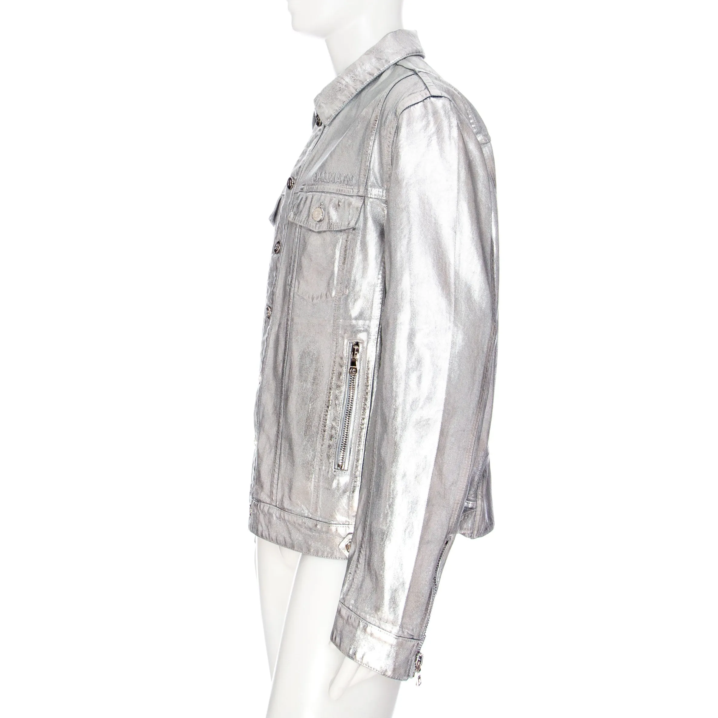 Silver-tone Metallic Finish Logo-Embossed Denim Jacket