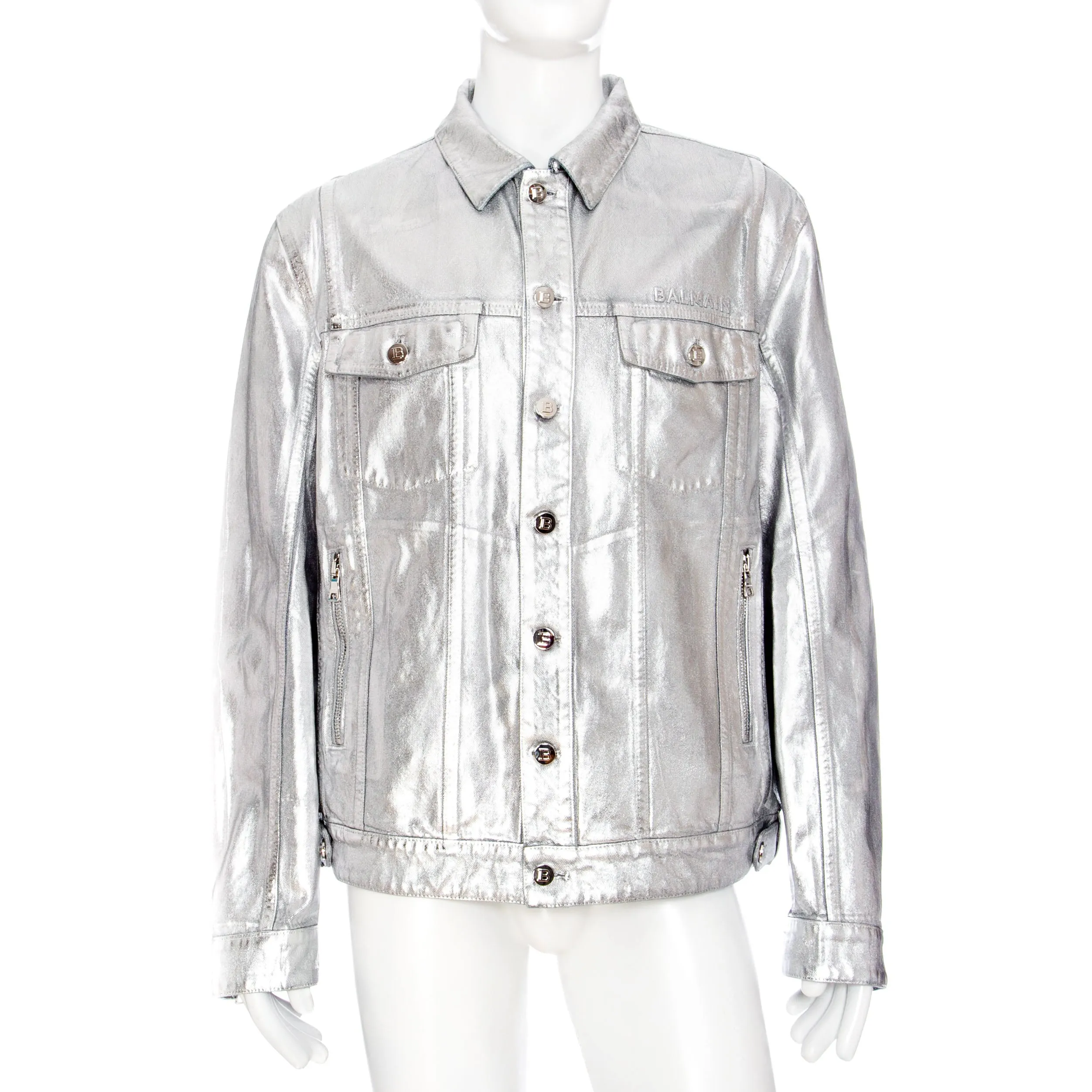 Silver-tone Metallic Finish Logo-Embossed Denim Jacket