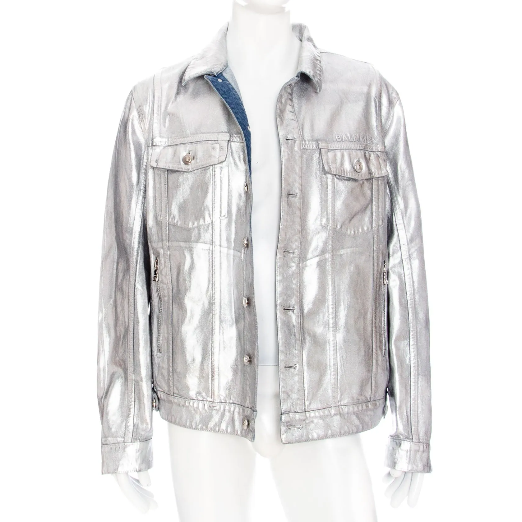 Silver-tone Metallic Finish Logo-Embossed Denim Jacket