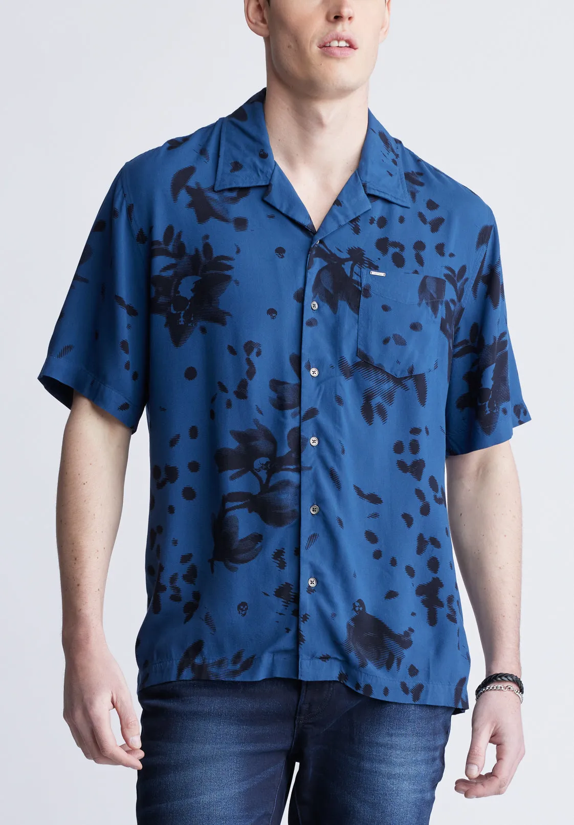 Sinzo Men's Short Sleeve Shirt, Blue with Black Print - BM24402