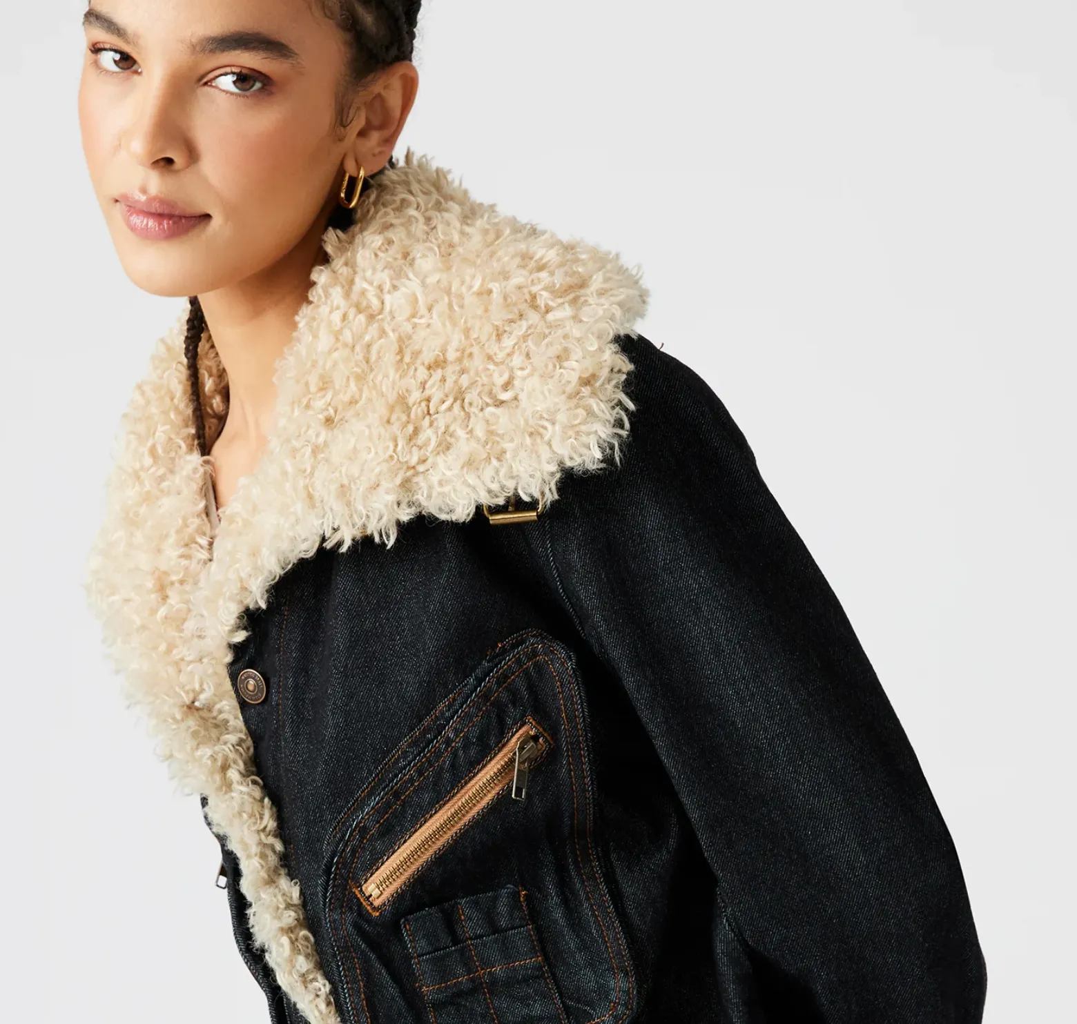 Steve Madden LAZULI Denim Sherpa Lined Moto Jacket