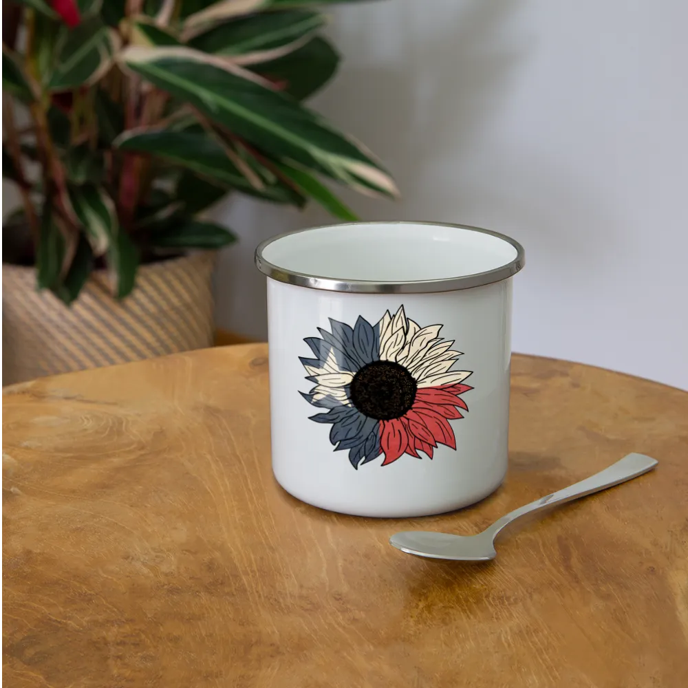 Texas Sunflower Adventure: Stainless Steel Camper Mug with Flag-Inspired Petals