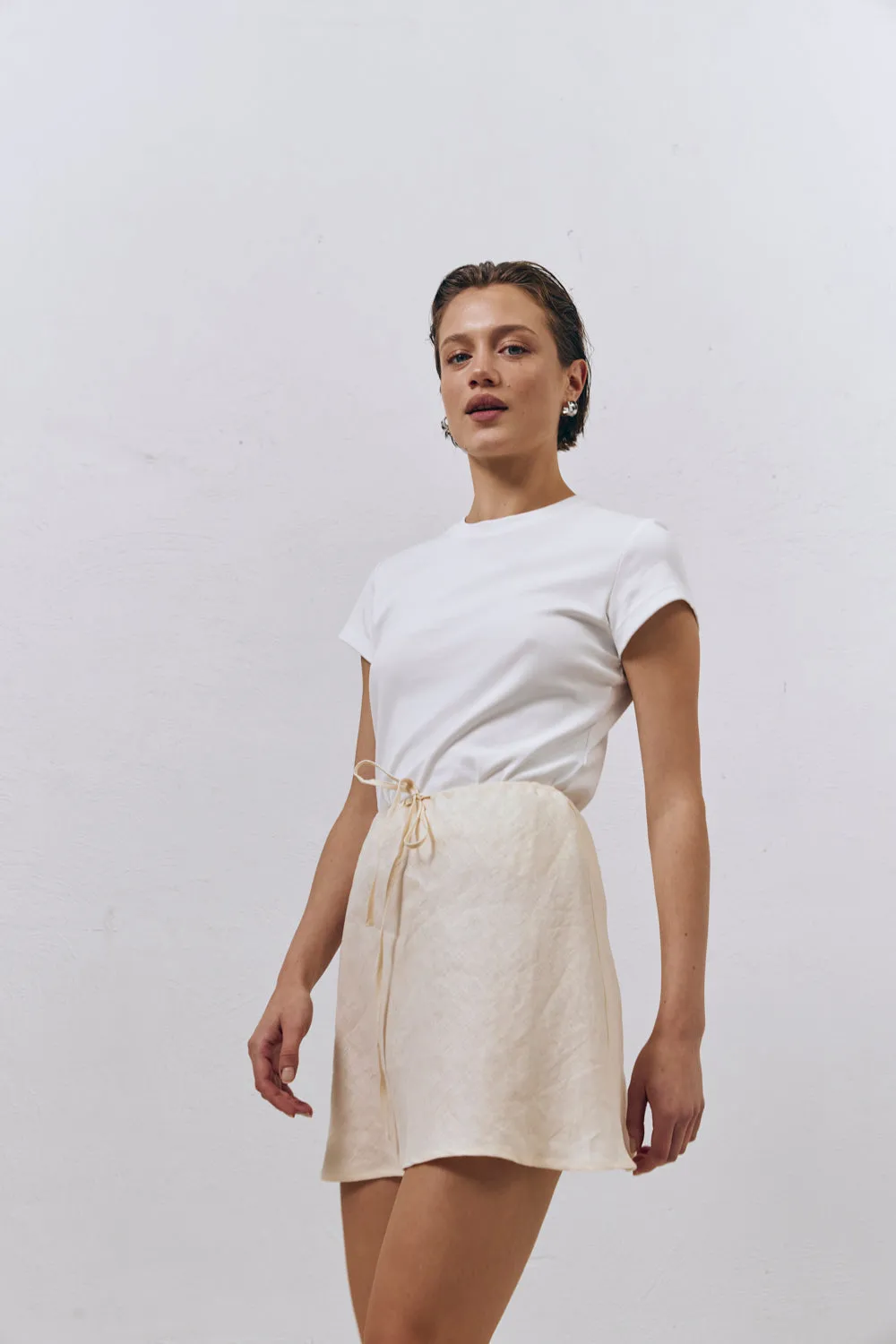 The Way To San Jose Bias Cut Linen Mini Skirt Cream