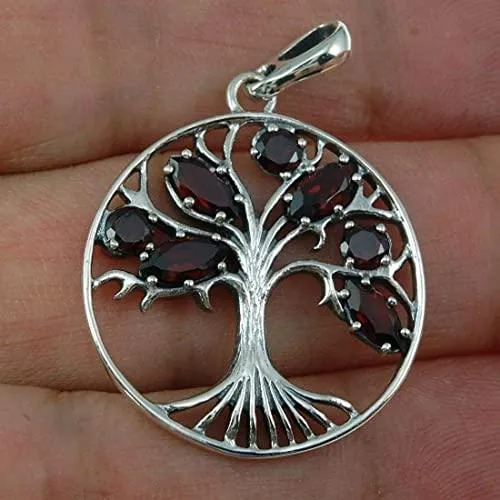 Tree of Life Clear Garnet Gemstone 925 Silver Handmade Pendant   Silver Necklace