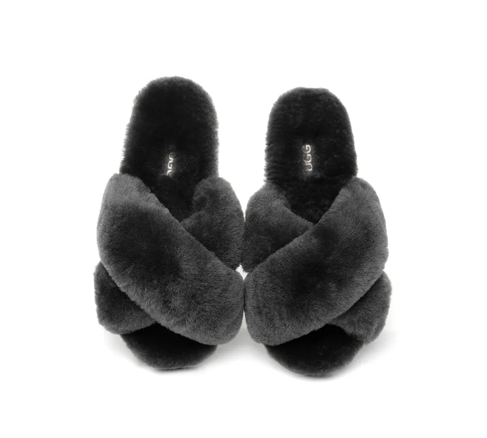 UGG Slides Sheepskin Wool Crossover Fluffy Slides Linty