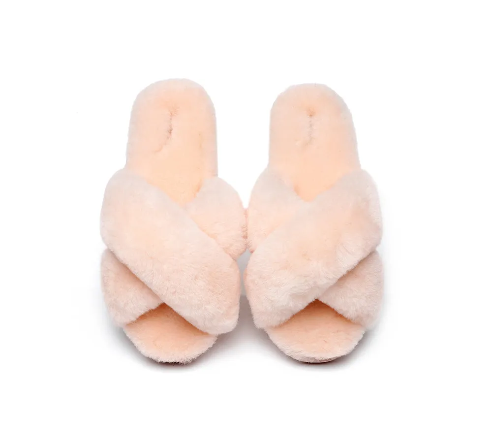 UGG Slides Women Fluffy Cross Slides Sandals Leanna Scuff