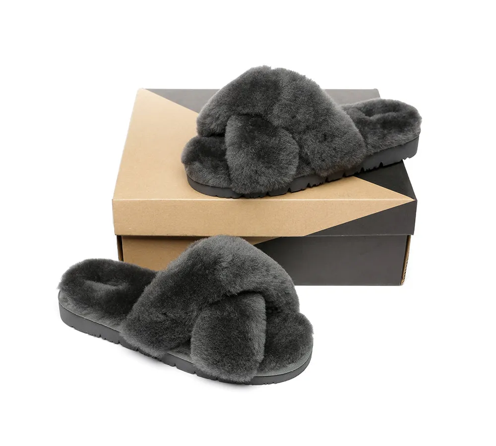 UGG Slides Women Fluffy Cross Slides Sandals Leanna Scuff