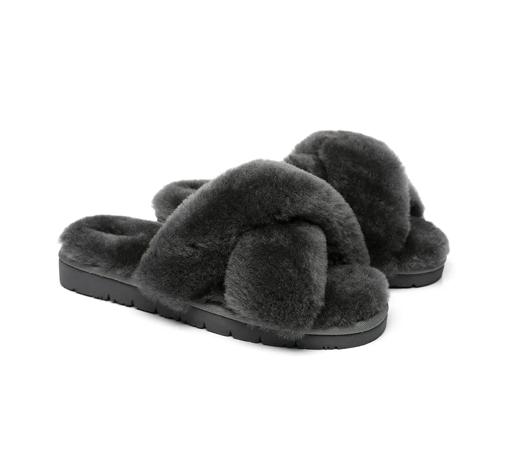 UGG Slides Women Fluffy Cross Slides Sandals Leanna Scuff