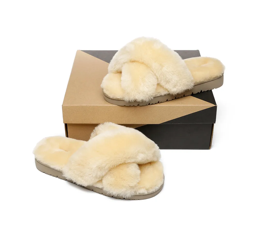 UGG Slides Women Fluffy Cross Slides Sandals Leanna Scuff